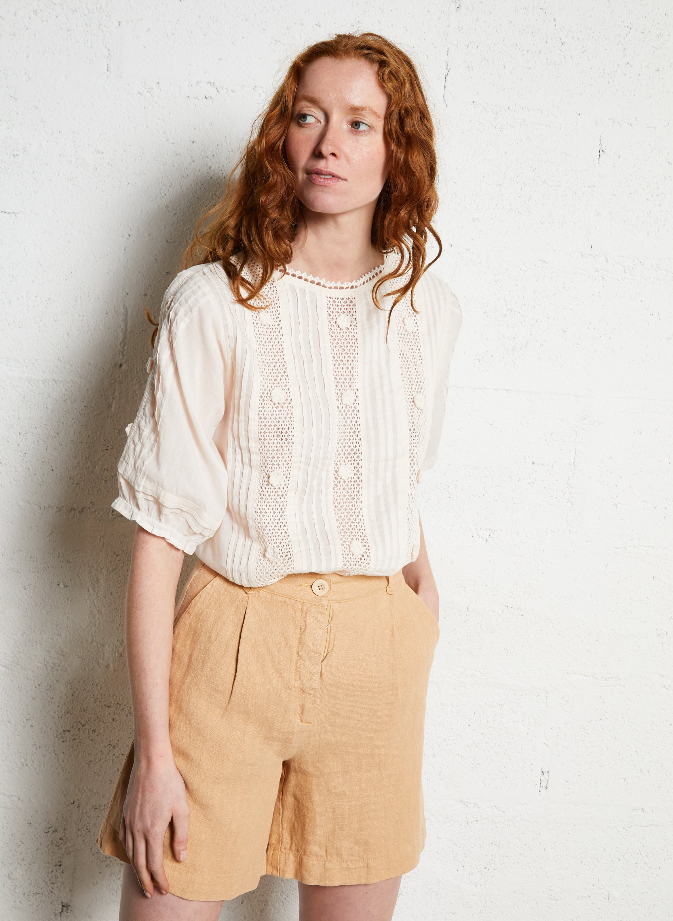 Blouse van biokatoen met ronde hals EMILE ET IDA Beige