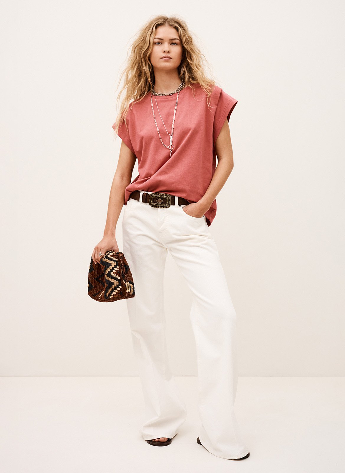 Tee-shirt droit col rond en coton BA&SH Rose