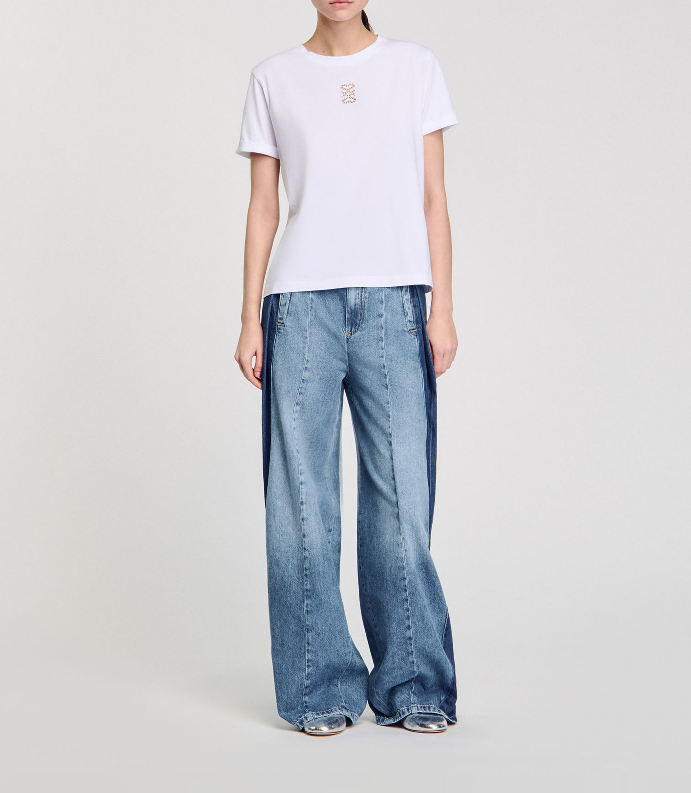 Tee-shirt droit col rond en coton SANDRO Blanc