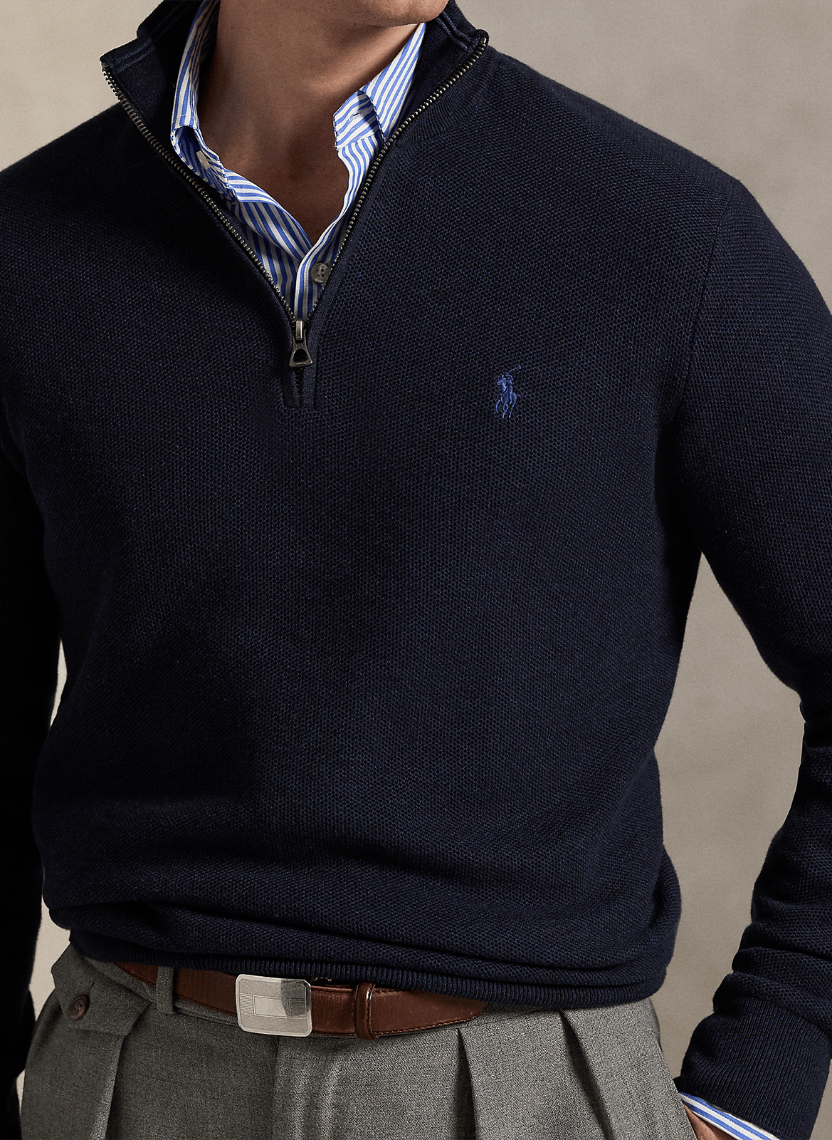 Pull col montant zippé en coton piqué POLO RALPH LAUREN Bleu