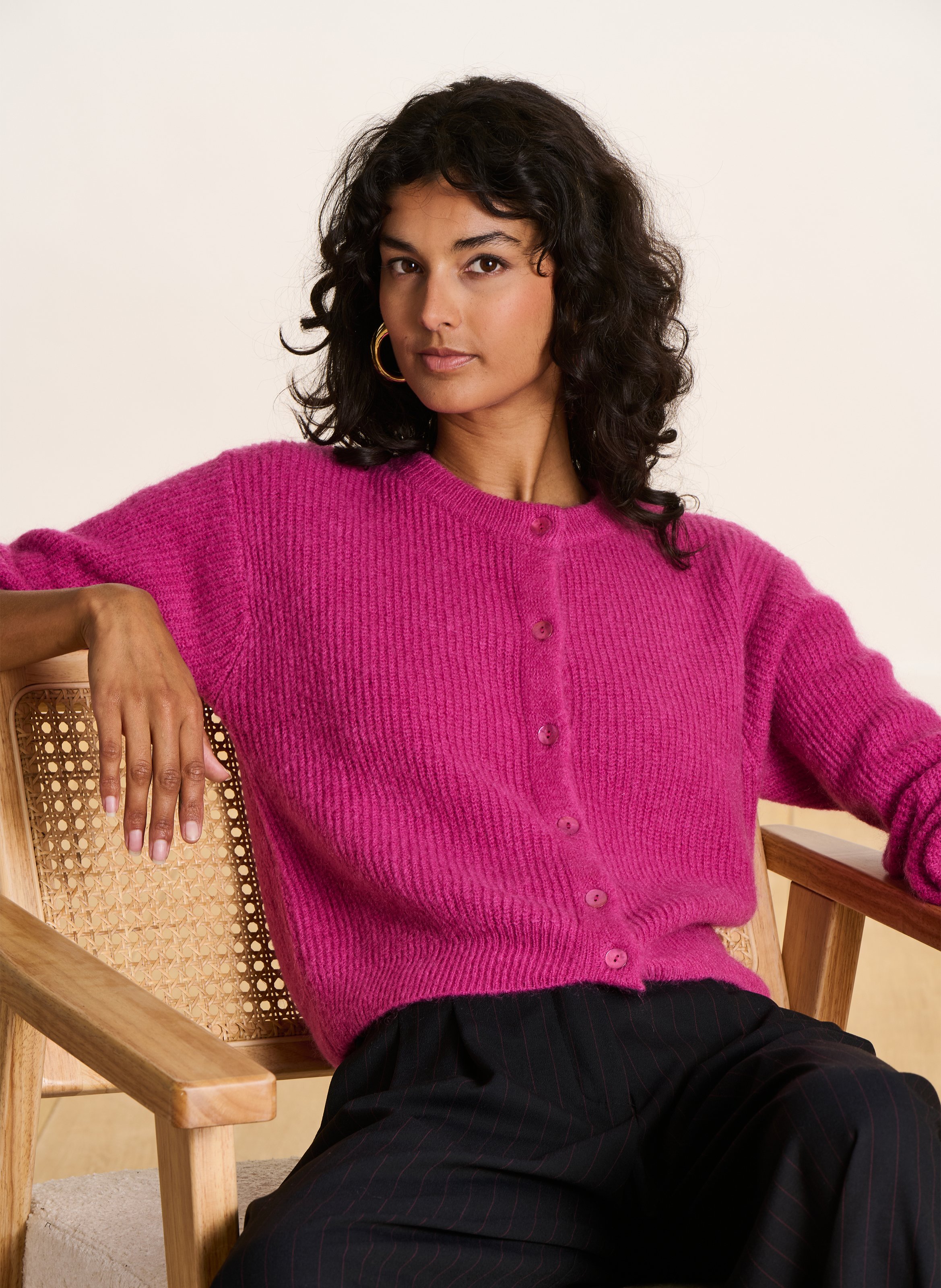 Loose-fit mixed-knit cardigan with round neck LA FEE MARABOUTEE