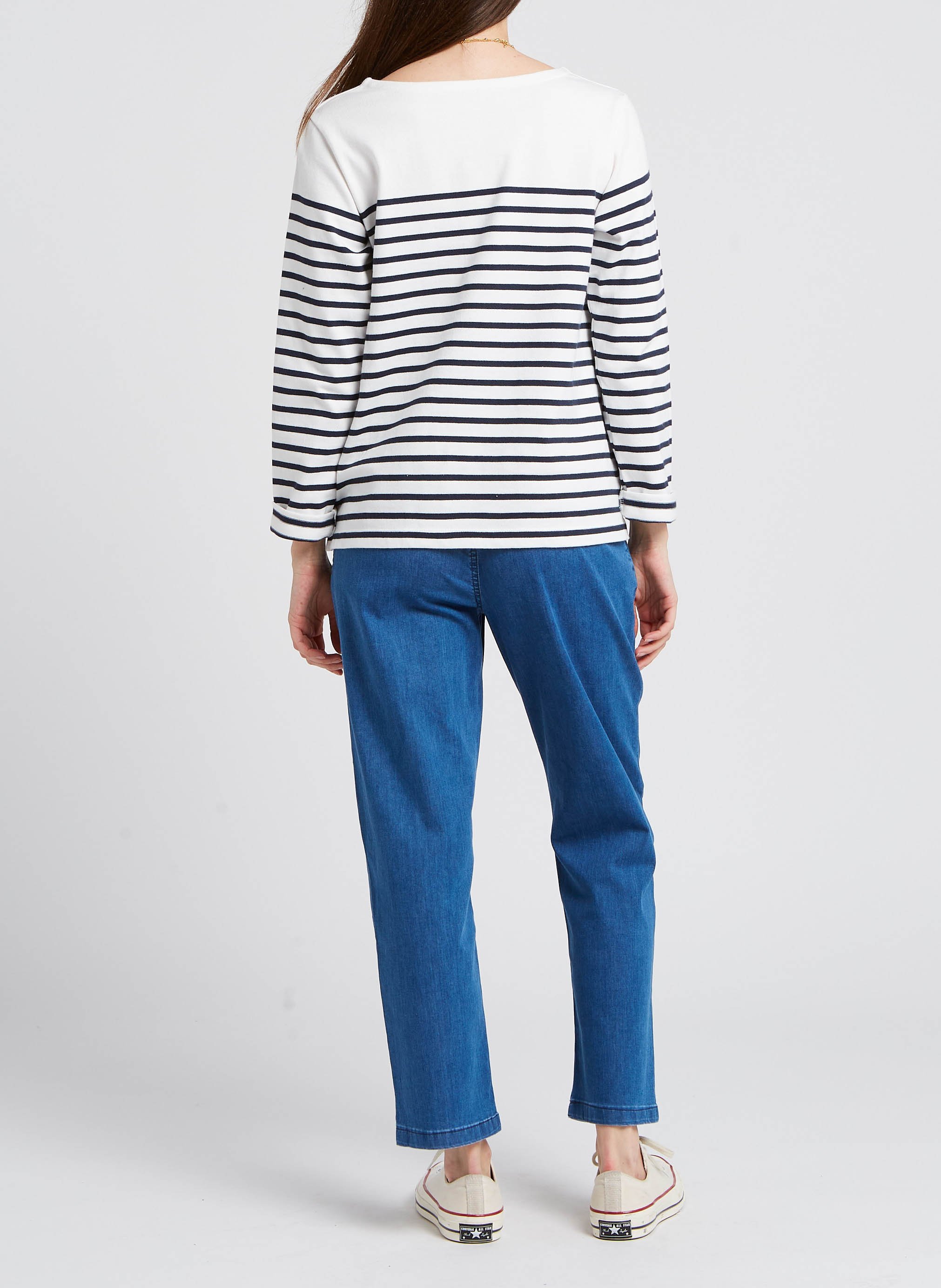 Tee-shirt col bateau marinière en coton PETIT BATEAU Blanc