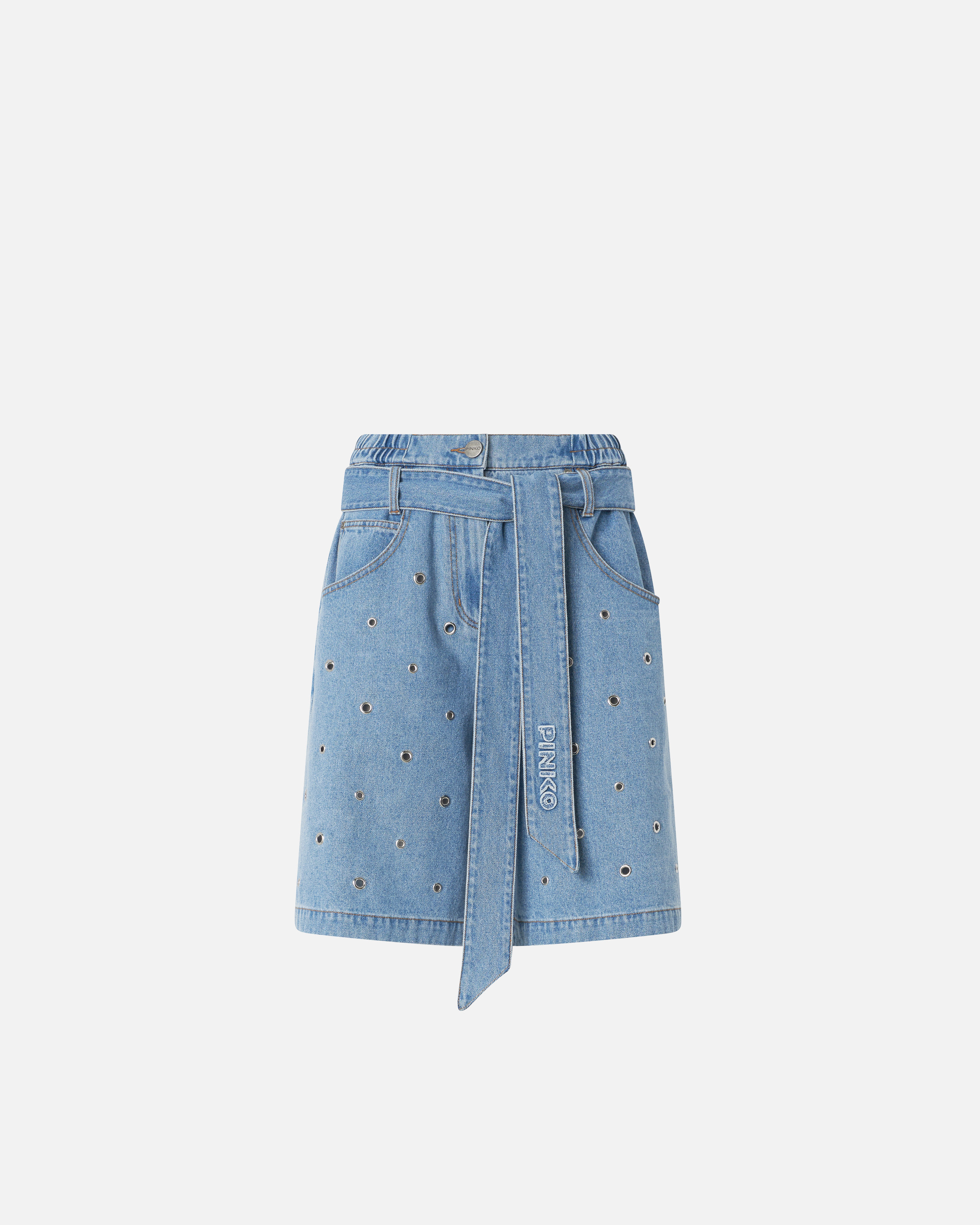 Short belted in denim with eyelets PINKO Blue