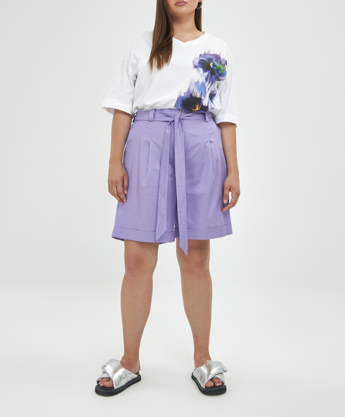 Bermuda droit ceinturé en popeline de coton MAT FASHION Violet