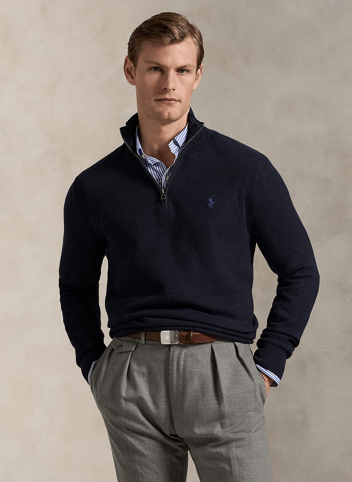 Pull col montant zippé en coton piqué POLO RALPH LAUREN Bleu