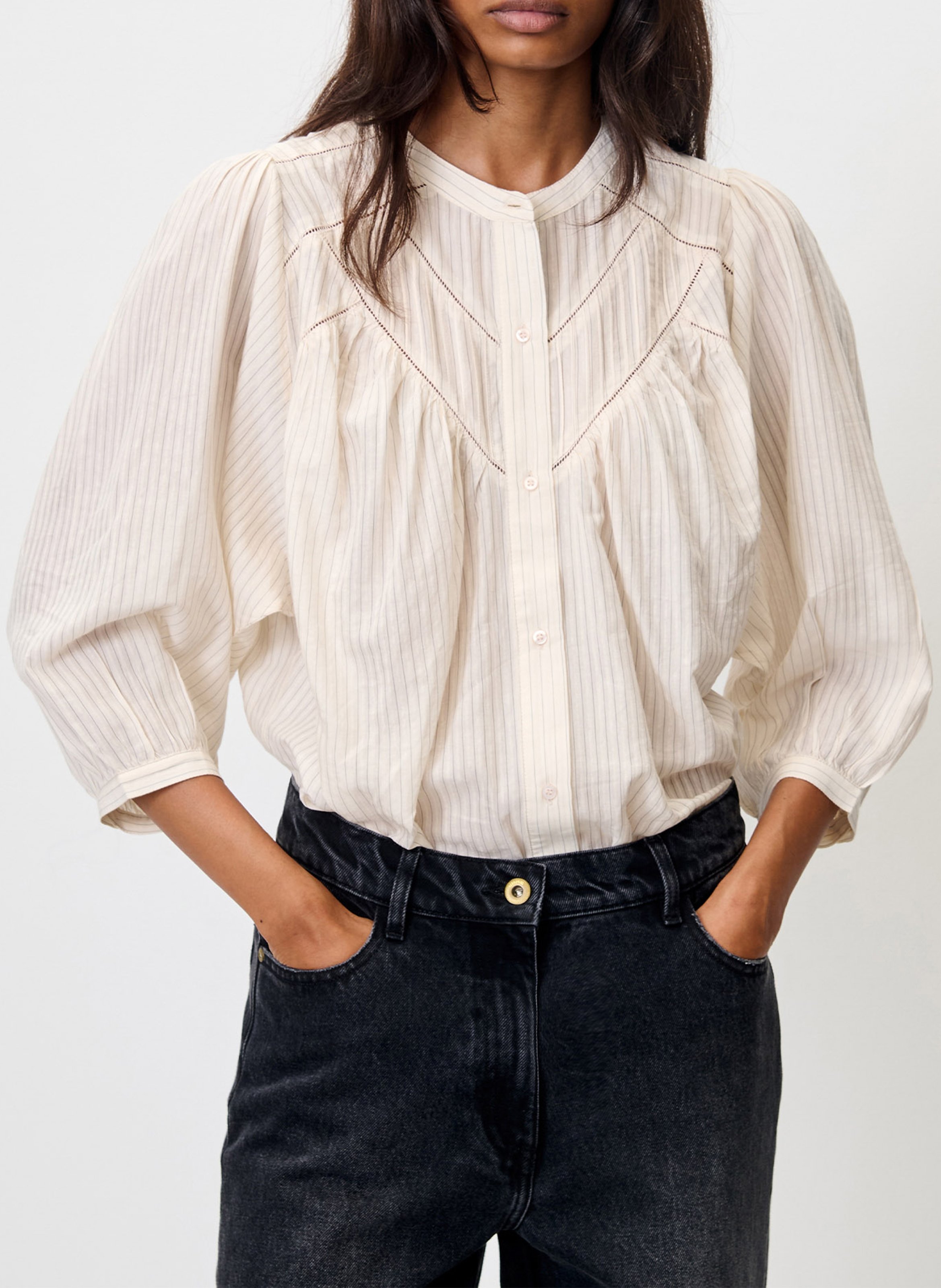 Weite Bluse aus Baumwoll-Mix mit Mao-Kragen SESSUN Beige