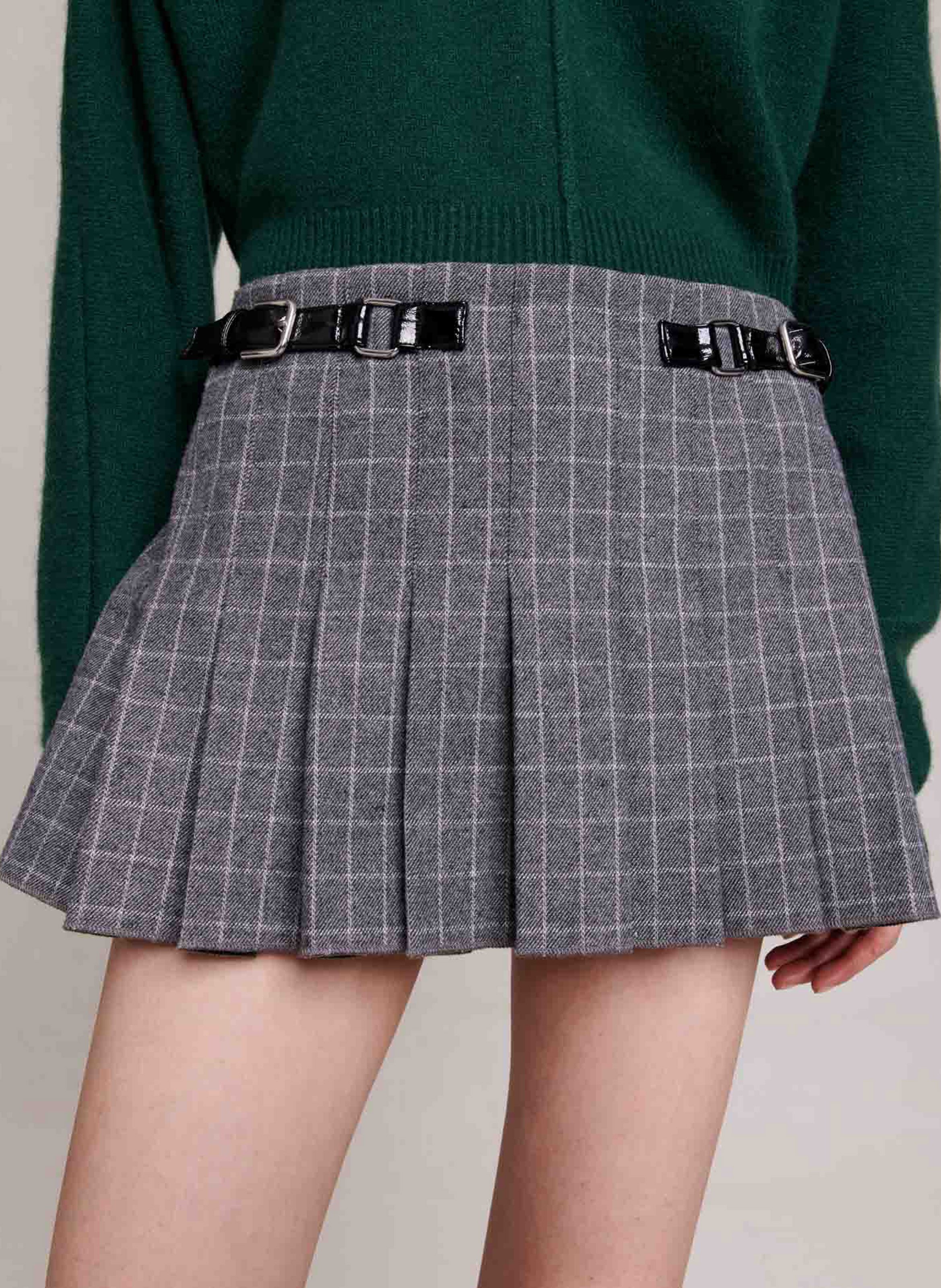 Grey Short pleated checked skirt