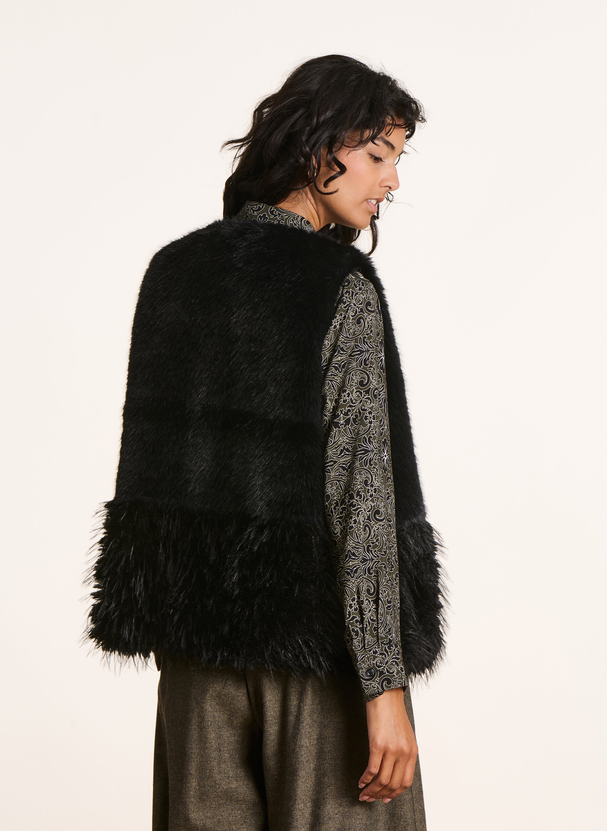 Faux fur jacket with round neck LA FEE MARABOUTEE Black