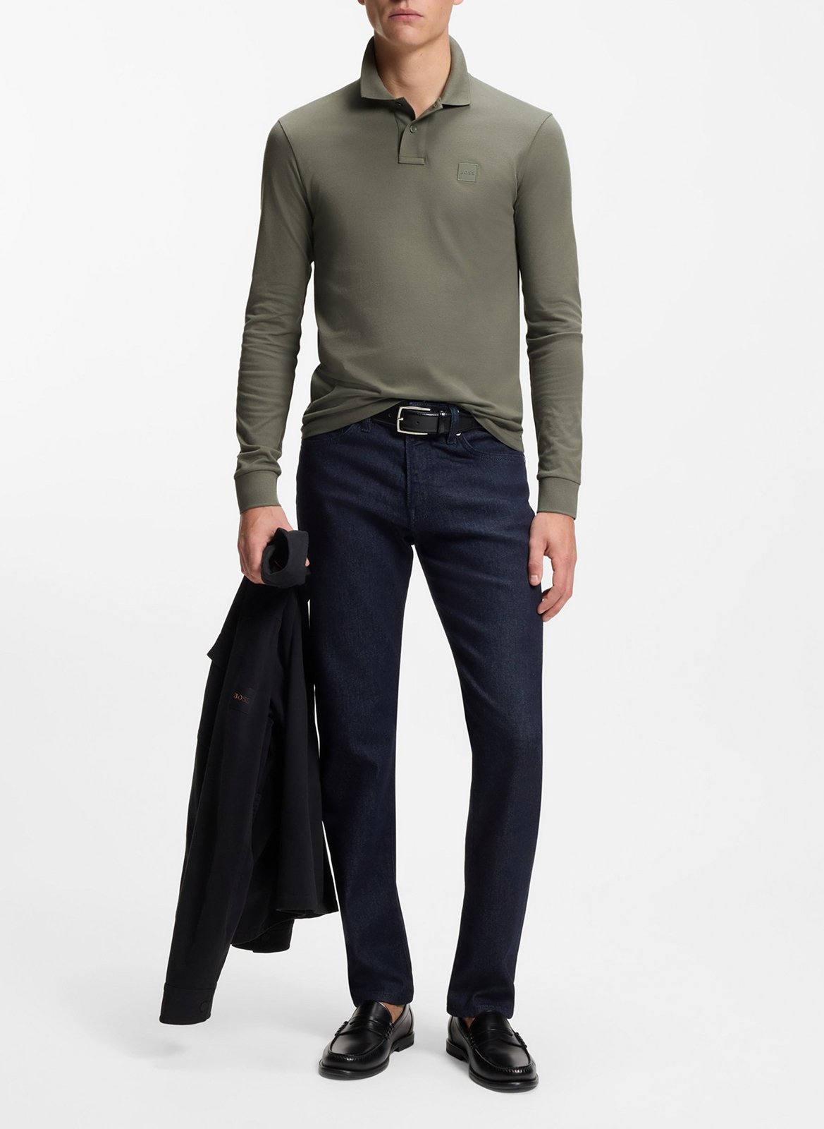 Regular-fit long-sleeved cotton-blend polo shirt Silver