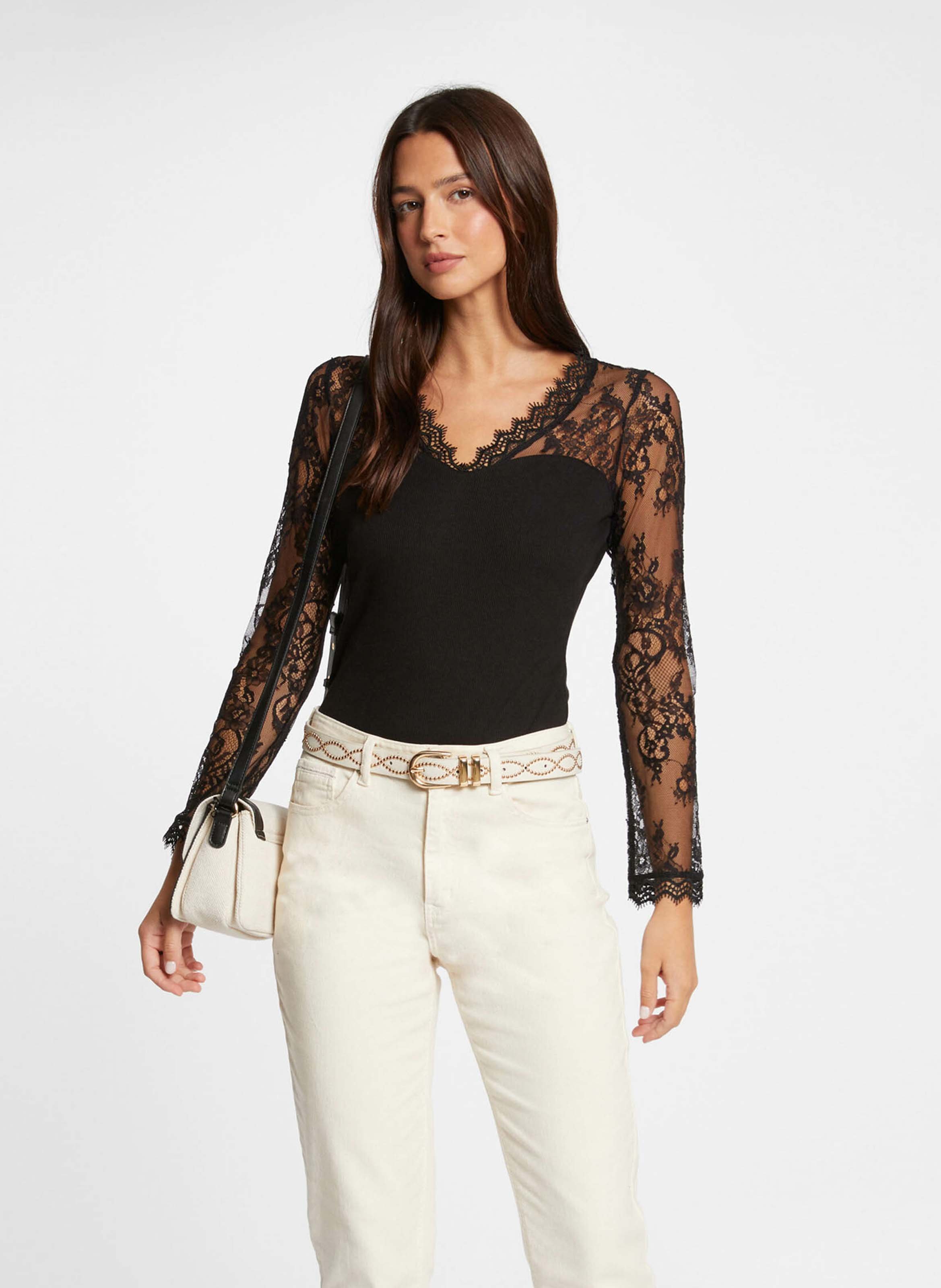 Long-sleeved lace t-shirt MORGAN Black