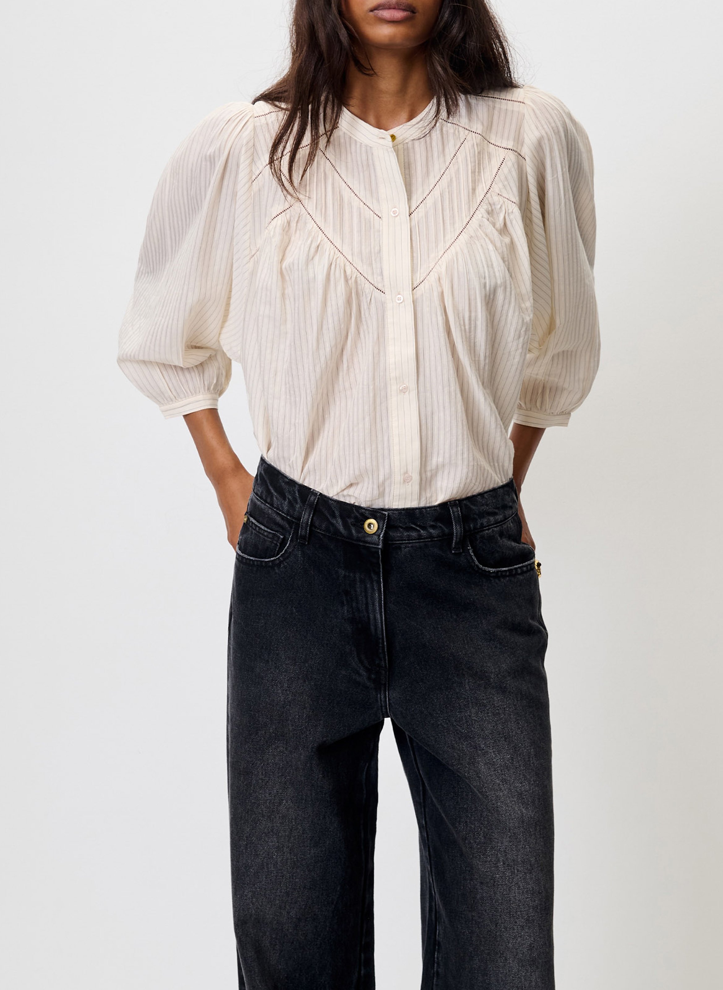 Weite Bluse aus Baumwoll-Mix mit Mao-Kragen SESSUN Beige