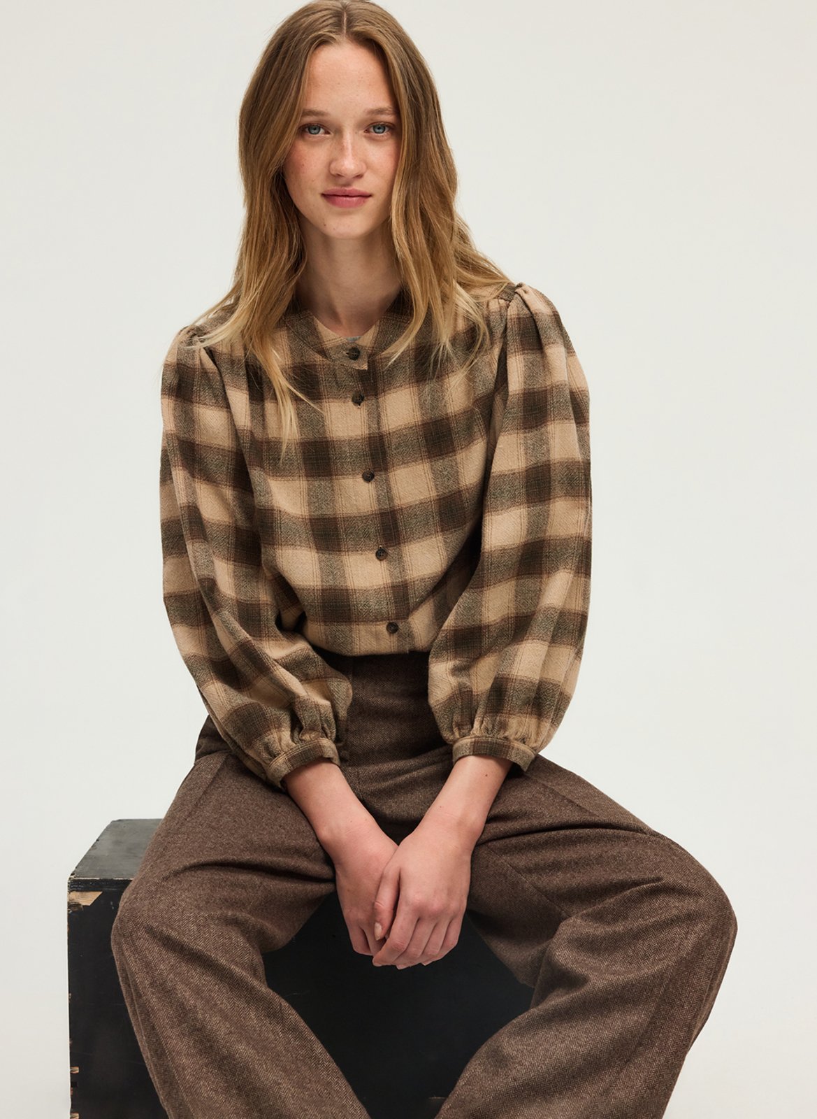 Blouse col rond à carreaux en laine mélange PABLO Beige