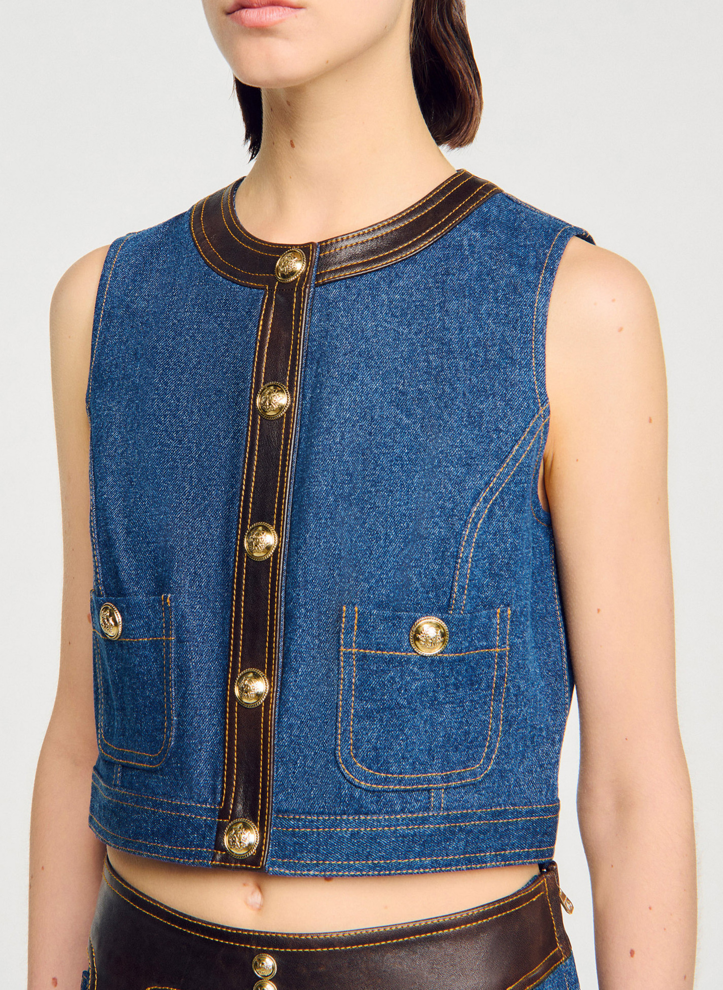 Top col rond en denim de coton SANDRO Bleu