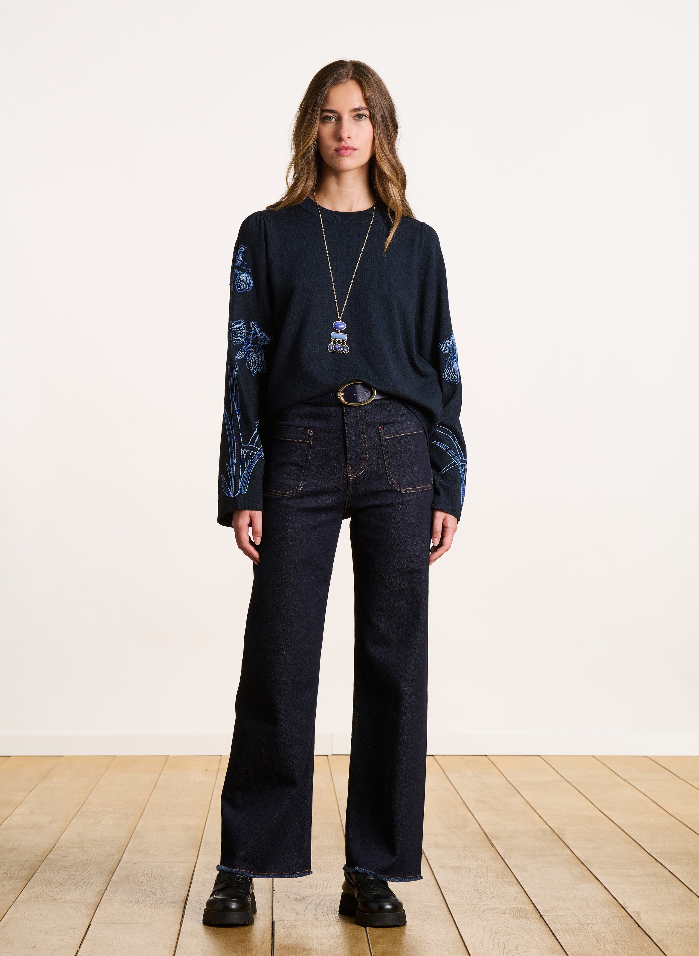 Jean droit taille haute en coton biologique mélangé LA FEE MARABOUTEE Bleu