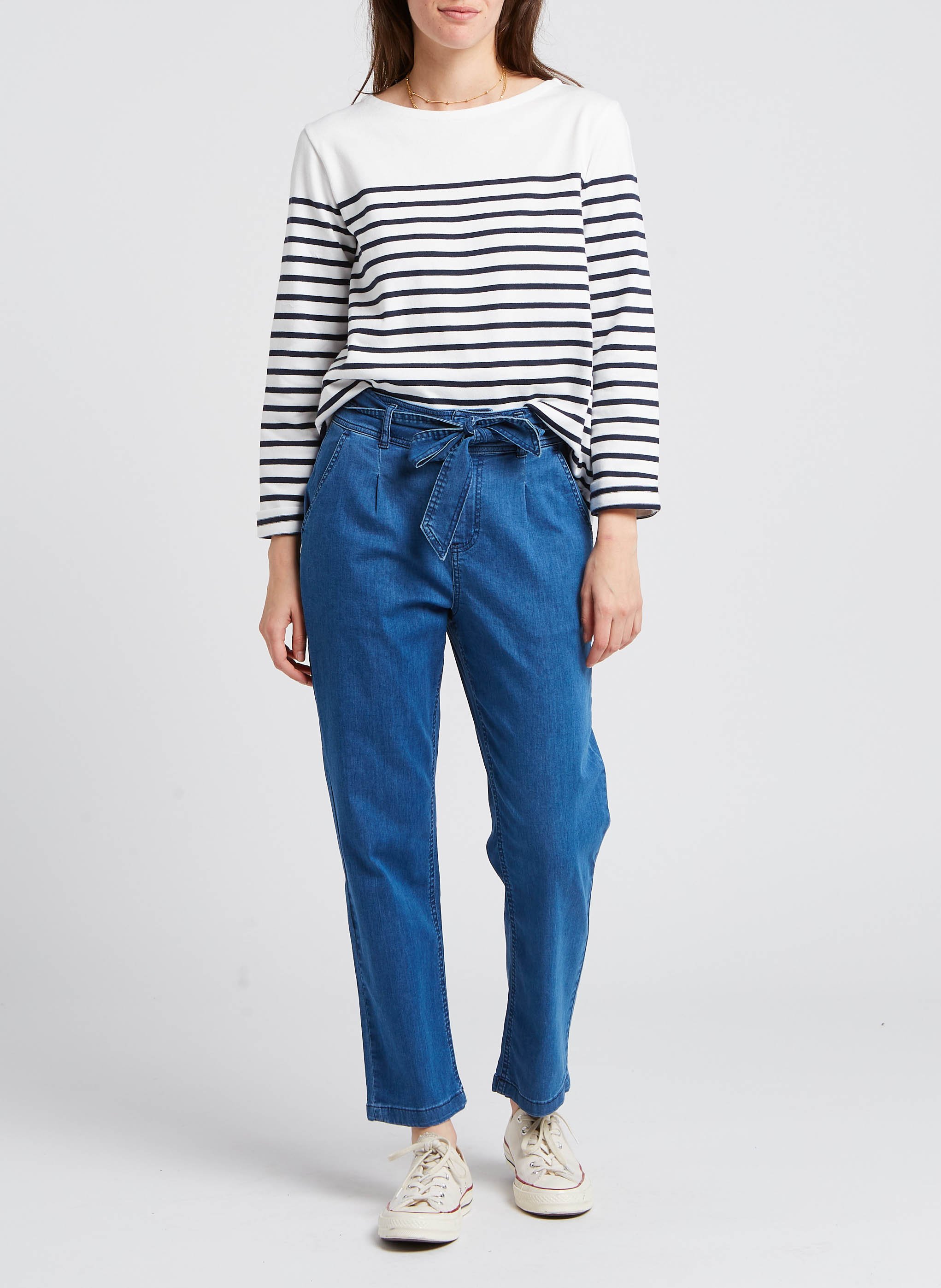 Tee-shirt col bateau marinière en coton PETIT BATEAU Blanc