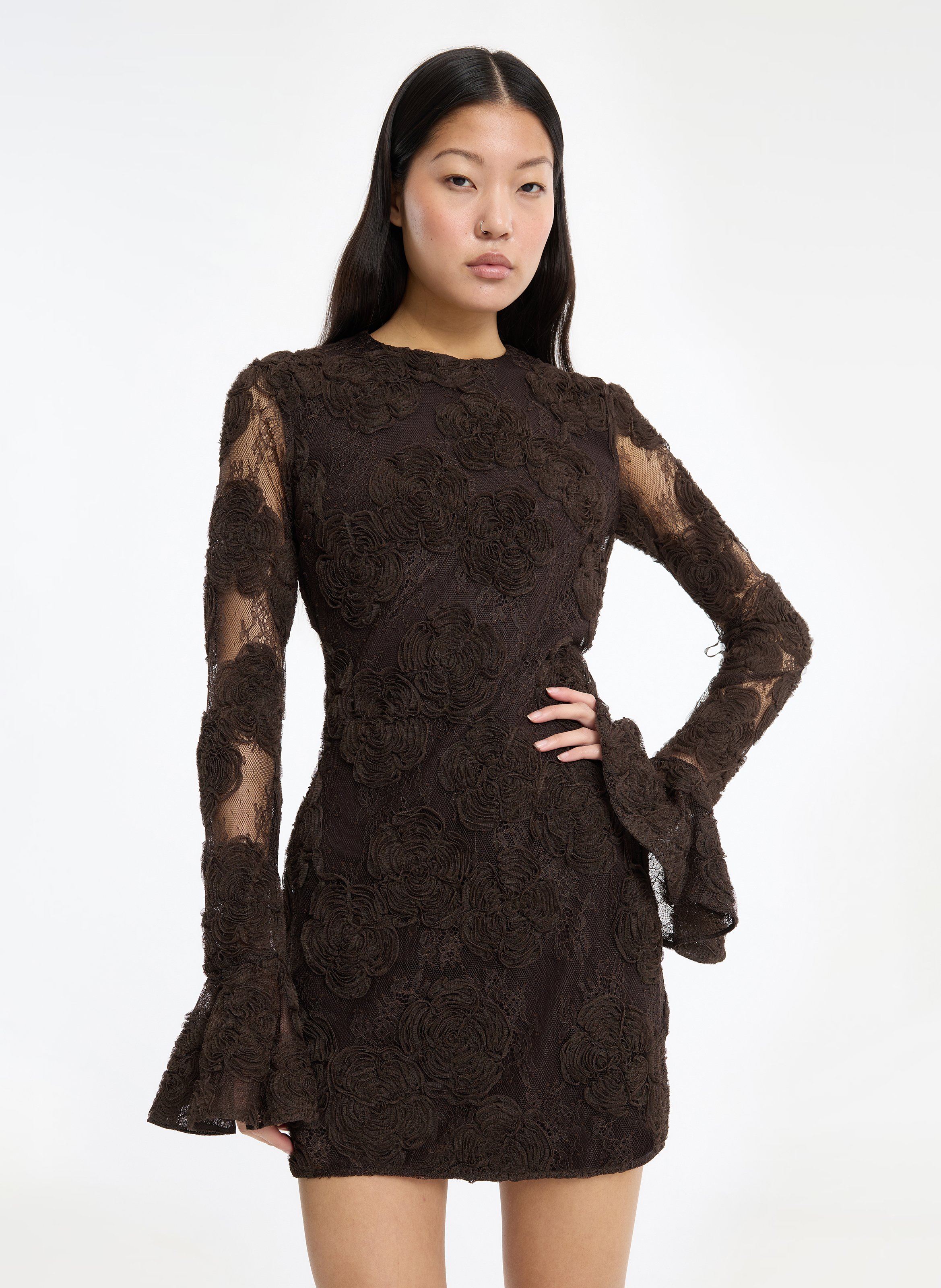 Robe courte ajustée en dentelle ROTATE Marron