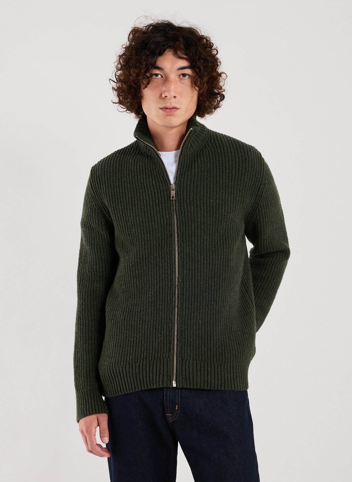 Wool blend high-neck gefil knit cardigan. | Khaki AU PRINTEMPS PARIS Men
