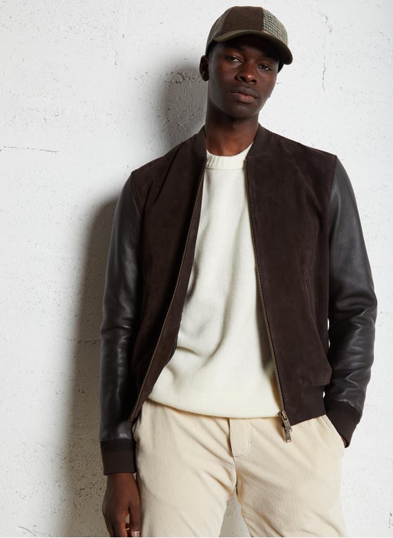 Chevignon Bomber Cuir Marron Homme Blouson Col Teddy En Cuir