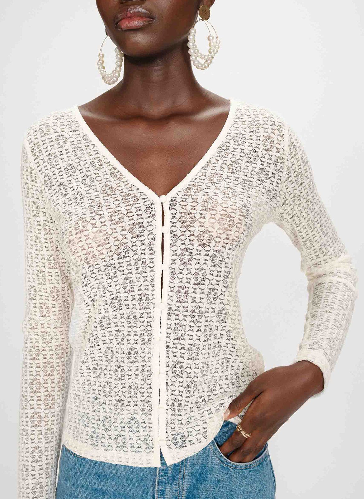 Tee-shirt col v ajusté en dentelle  GRACE ET MILA Blanc