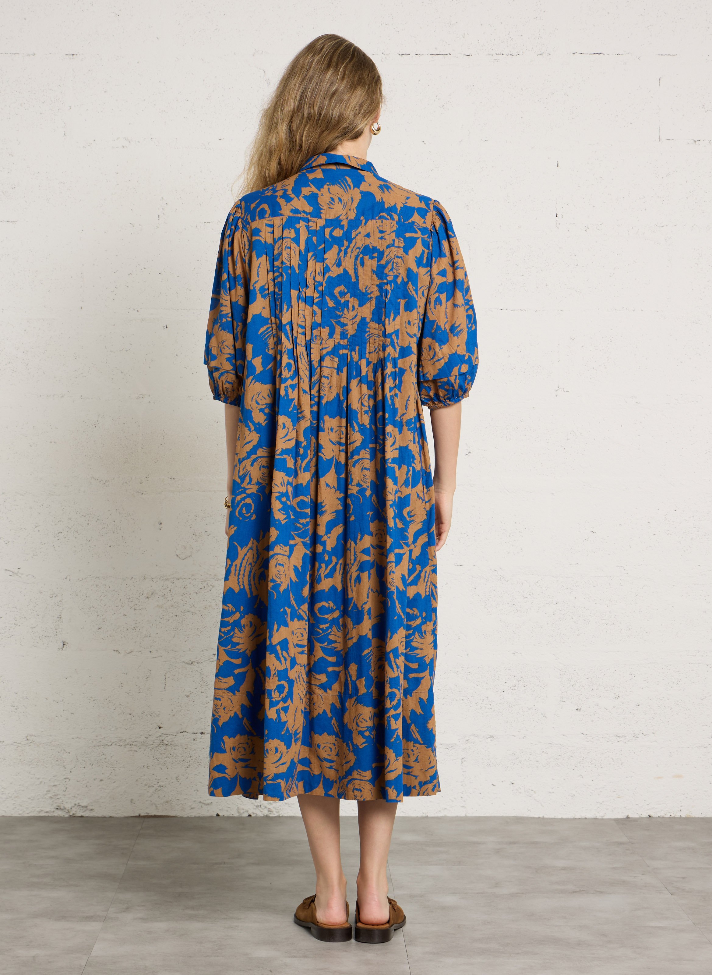 Loose-fitting long dress with classic collar in organic cotton LEON & HARPER Blue