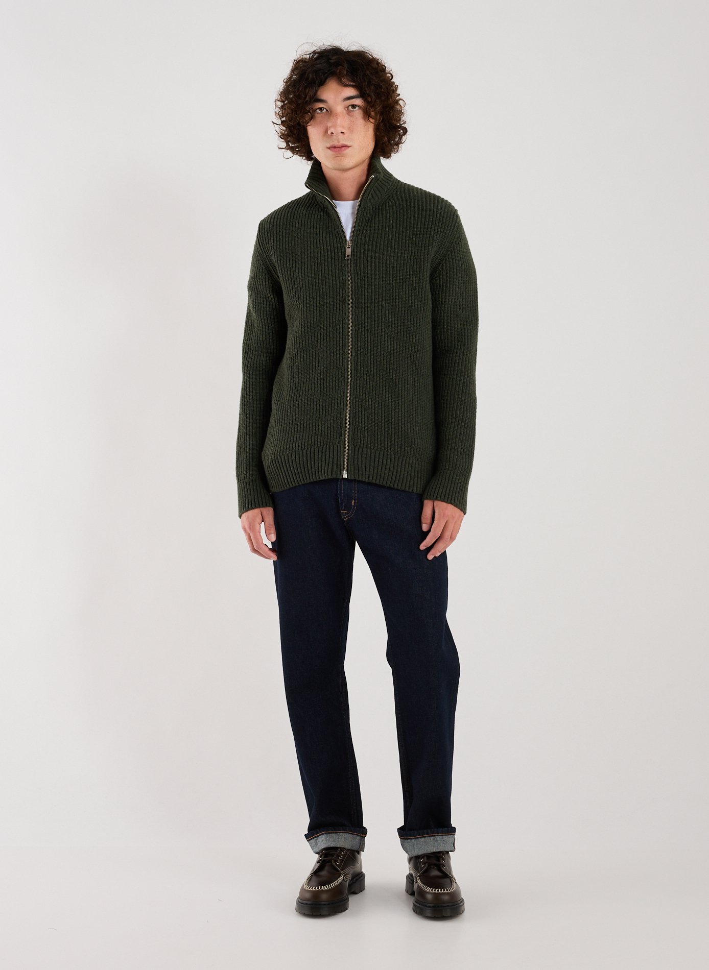 Wool blend high-neck gefil knit cardigan. | Khaki AU PRINTEMPS PARIS Men