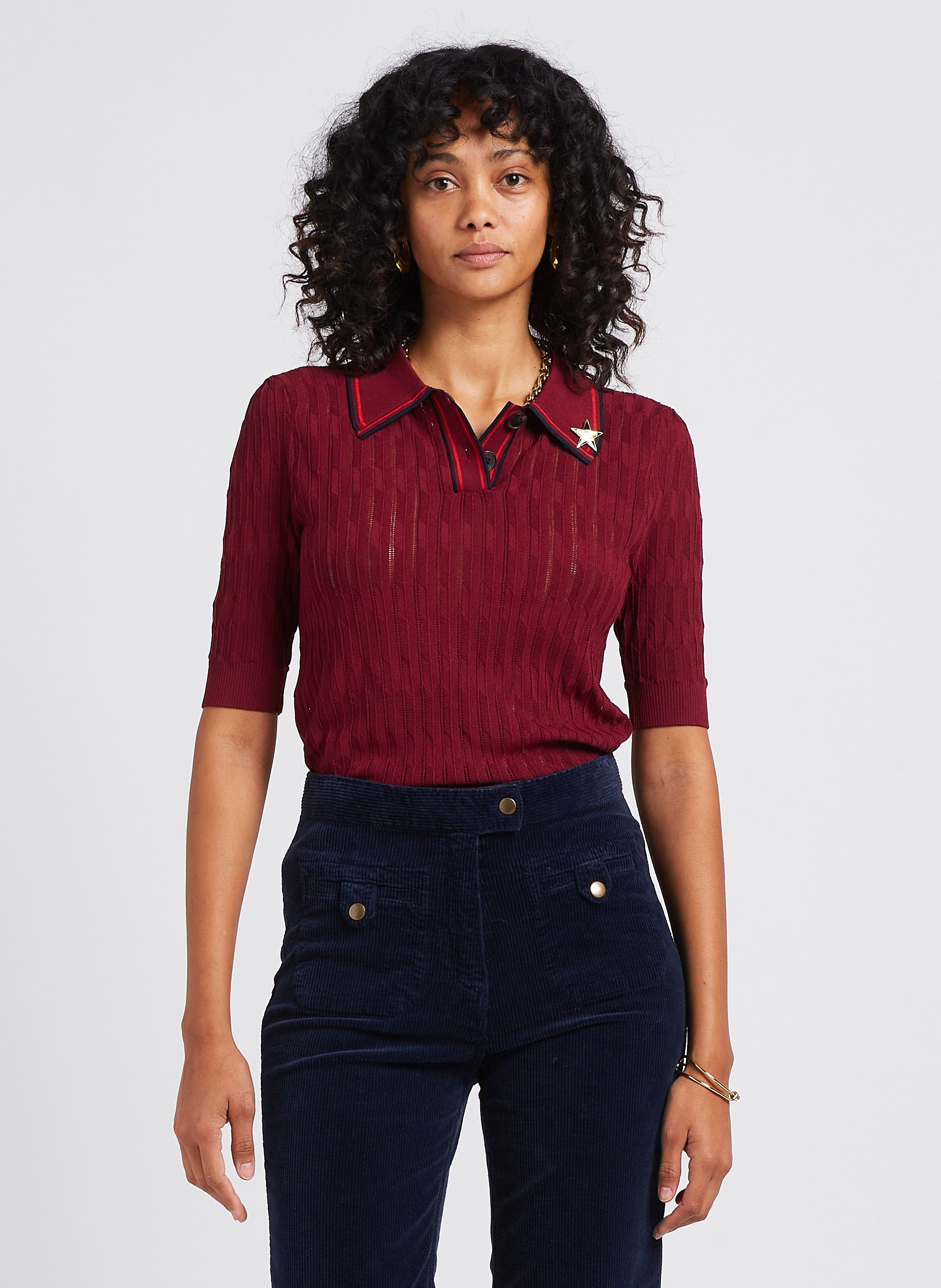 Polo Entallado De Punto Calado Bordeaux Scotch And Soda Mujer