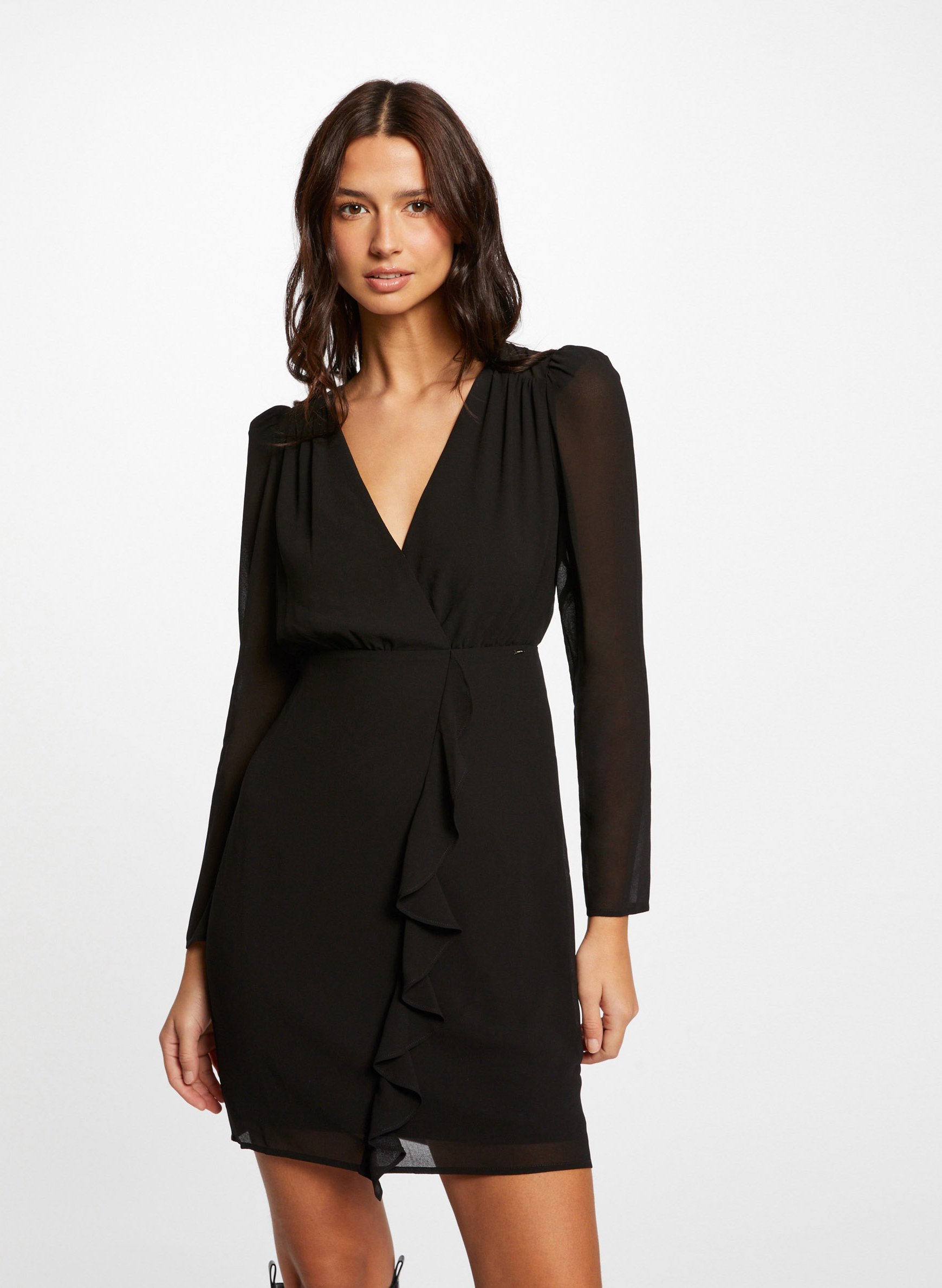 Robe courte croisee a volants et fronces Noir