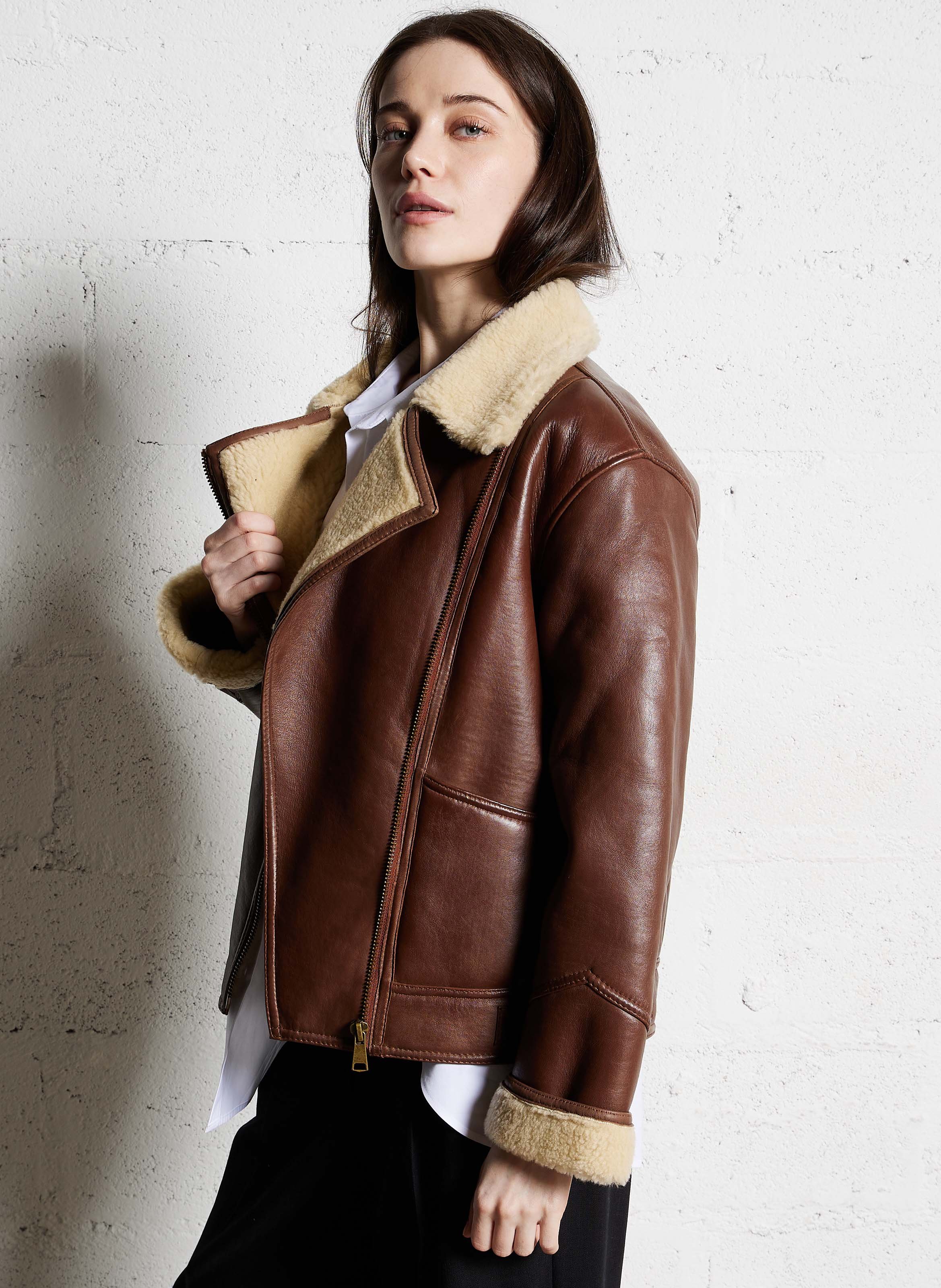 Veste droite en cuir MAISON 123 Marron