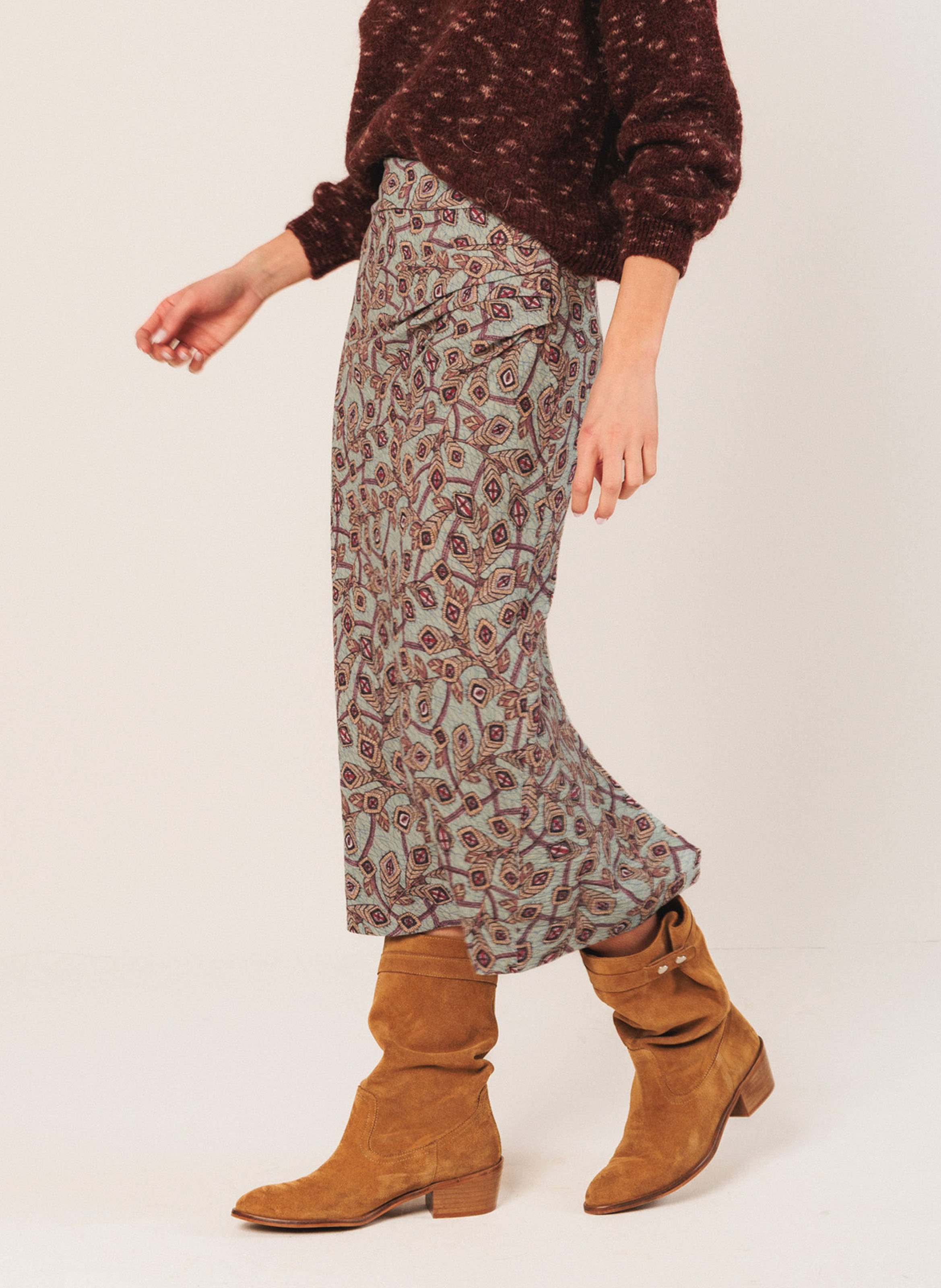 Ruched Midi Skirt with Patterns INDI & COLD Blue