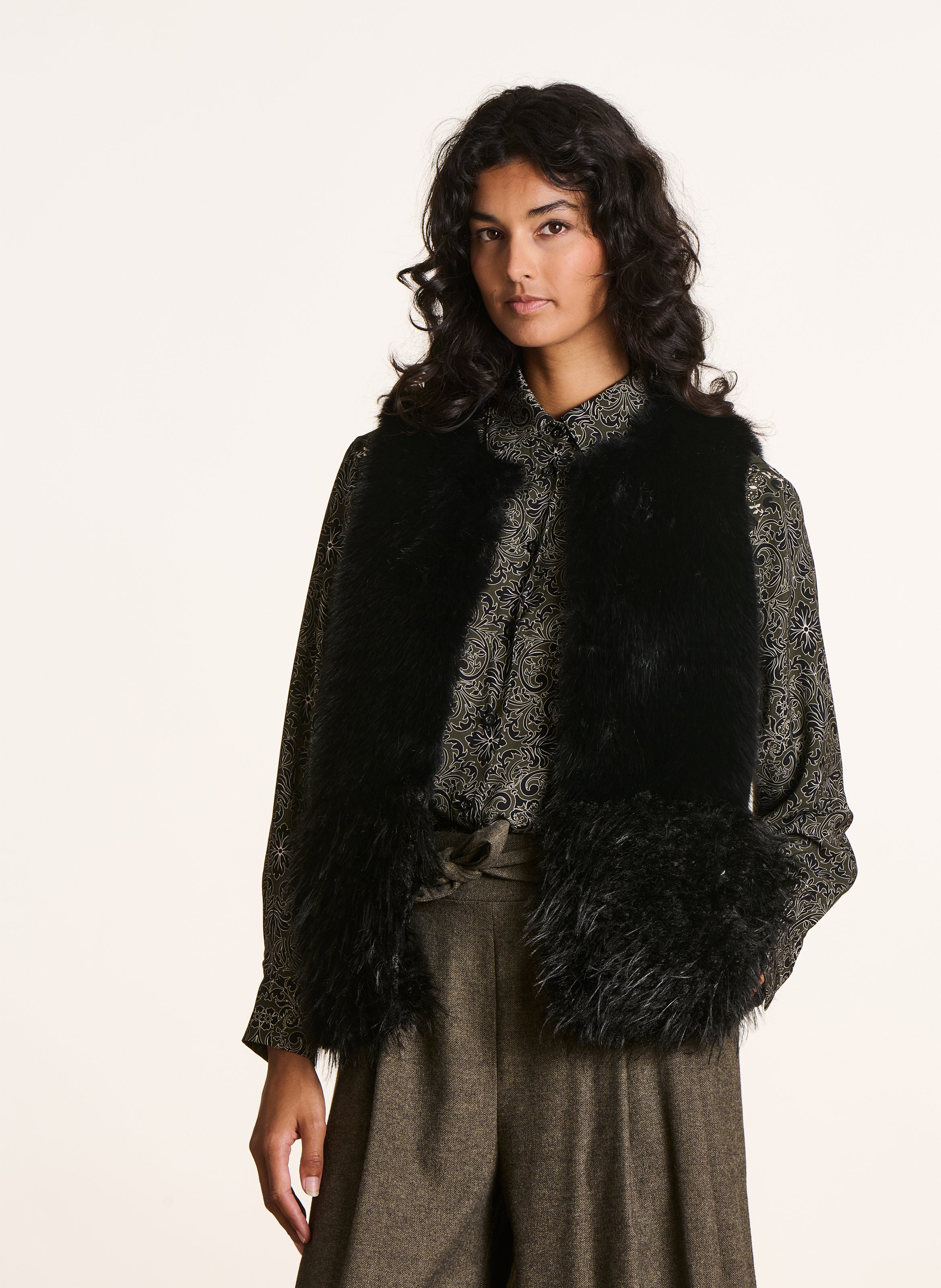 Faux fur jacket with round neck LA FEE MARABOUTEE Black