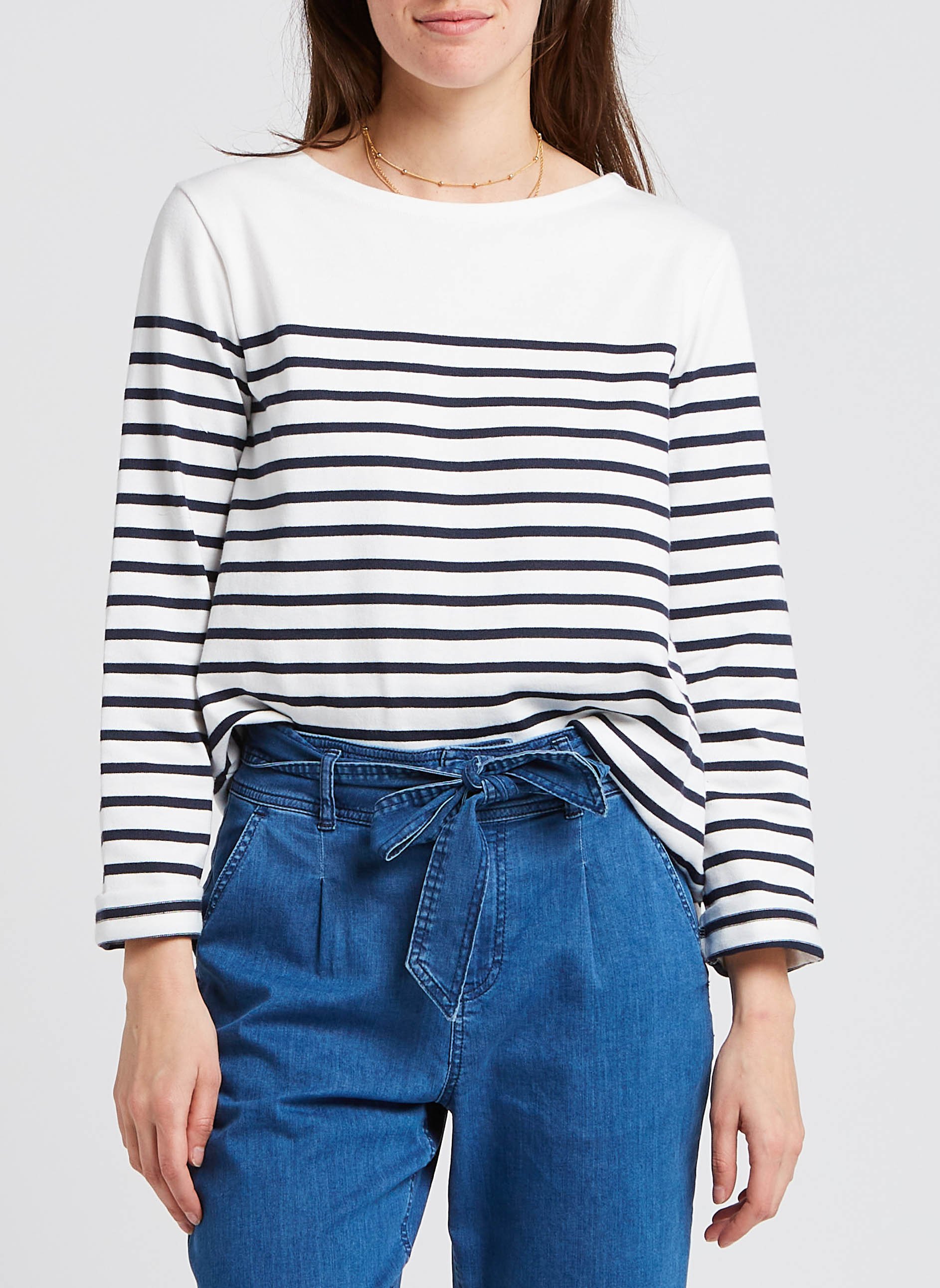 Tee-shirt col bateau marinière en coton PETIT BATEAU Blanc