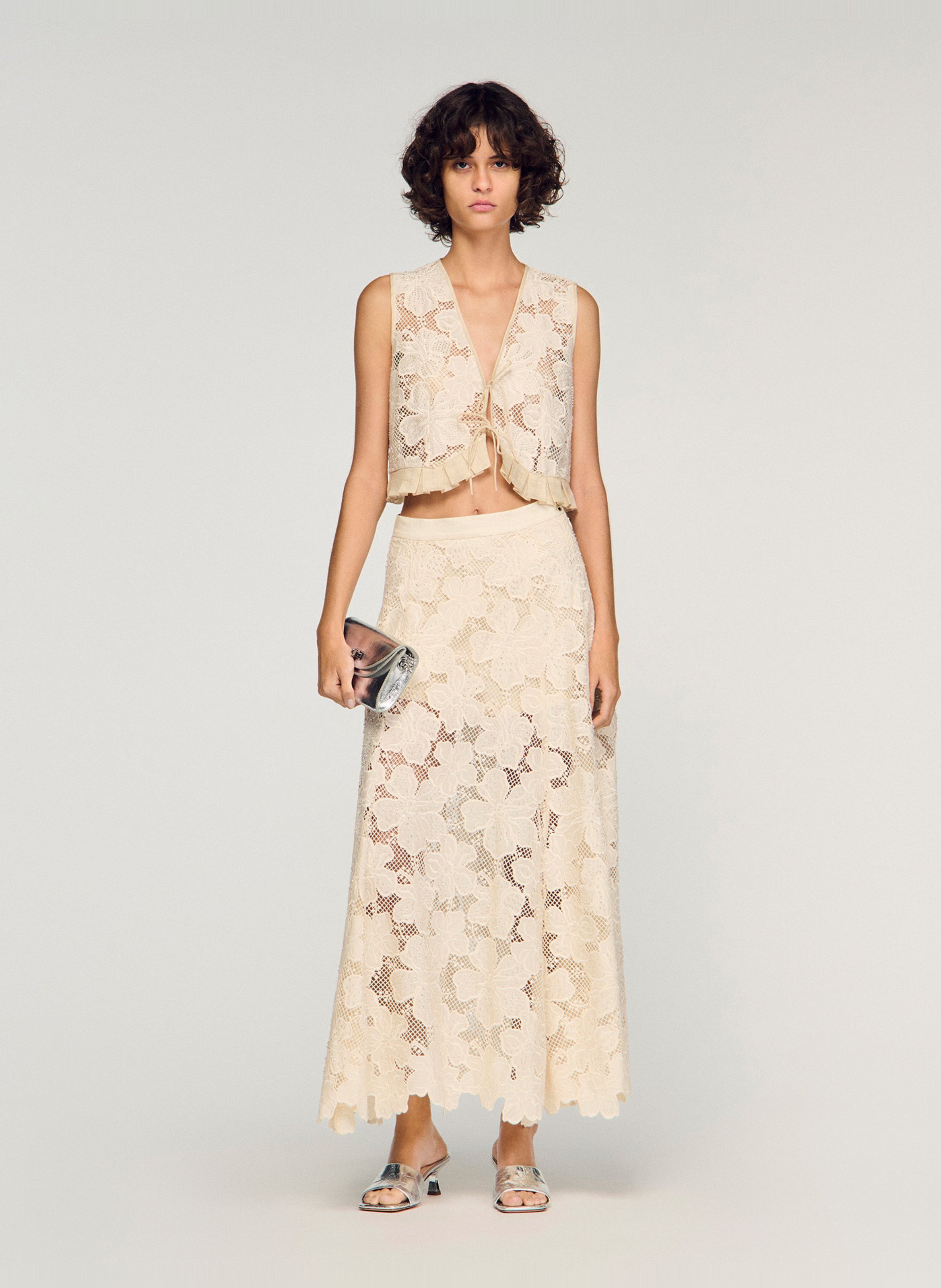 Jupe longue évasée en guipure SANDRO Beige