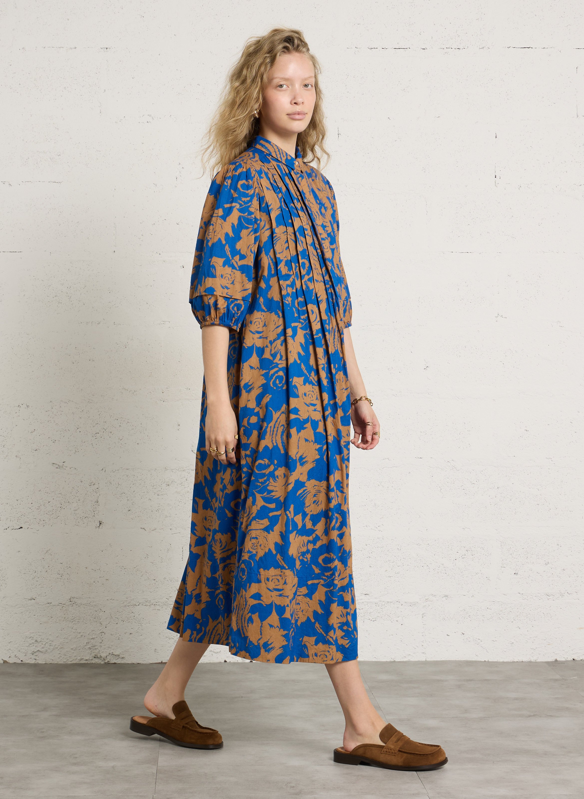 Loose-fitting long dress with classic collar in organic cotton LEON & HARPER Blue