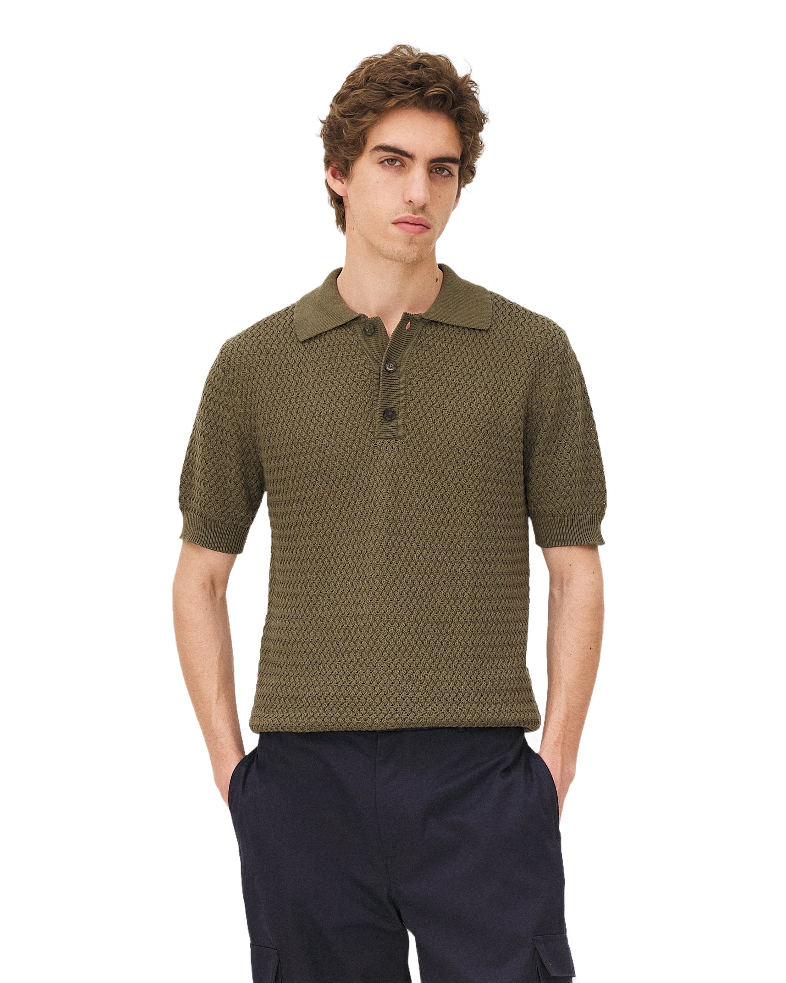 Short-sleeved polo shirt in khaki. Noyoco Green