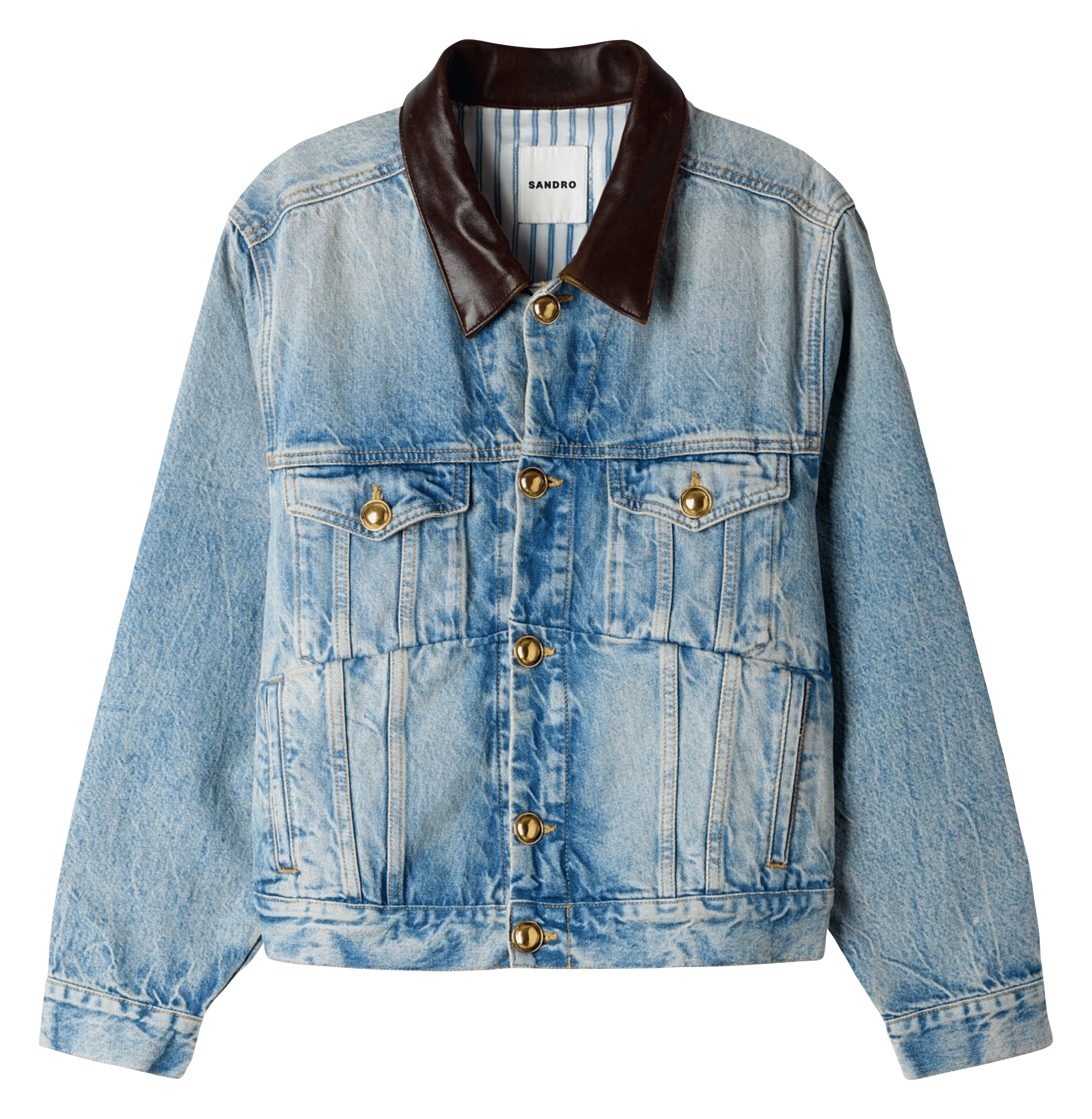 Veste droite en jean à col en cuir SANDRO Bleu