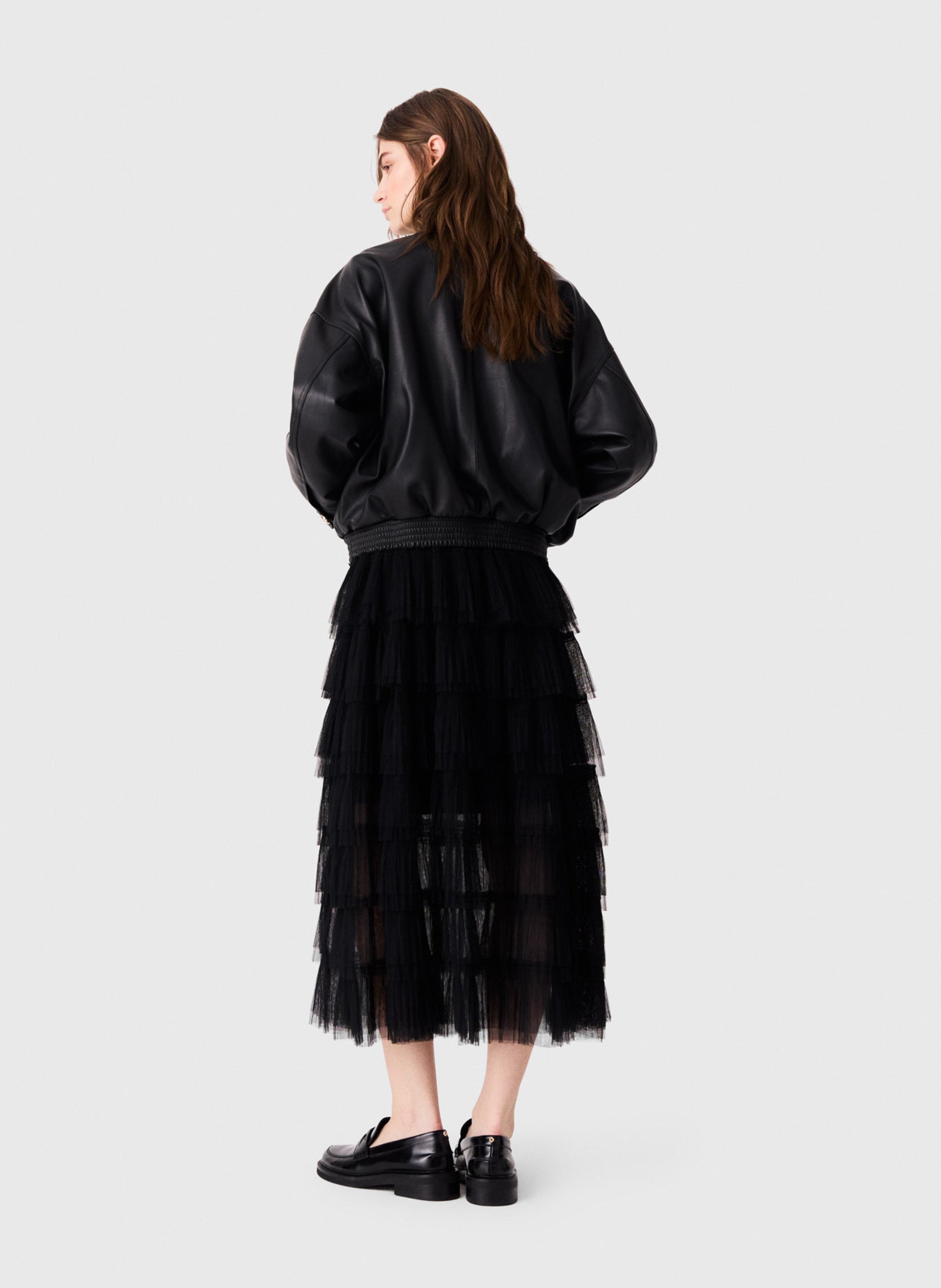 Jupe midi à volants en tulle MAJE Noir