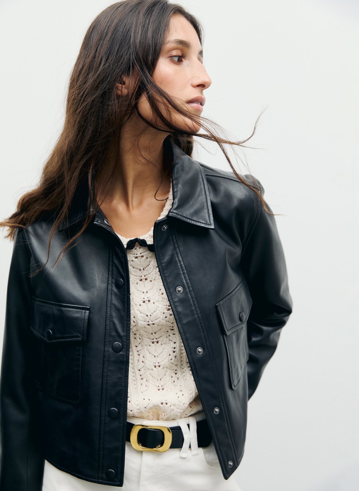 Veste droite col classique en cuir GERARD DAREL Noir