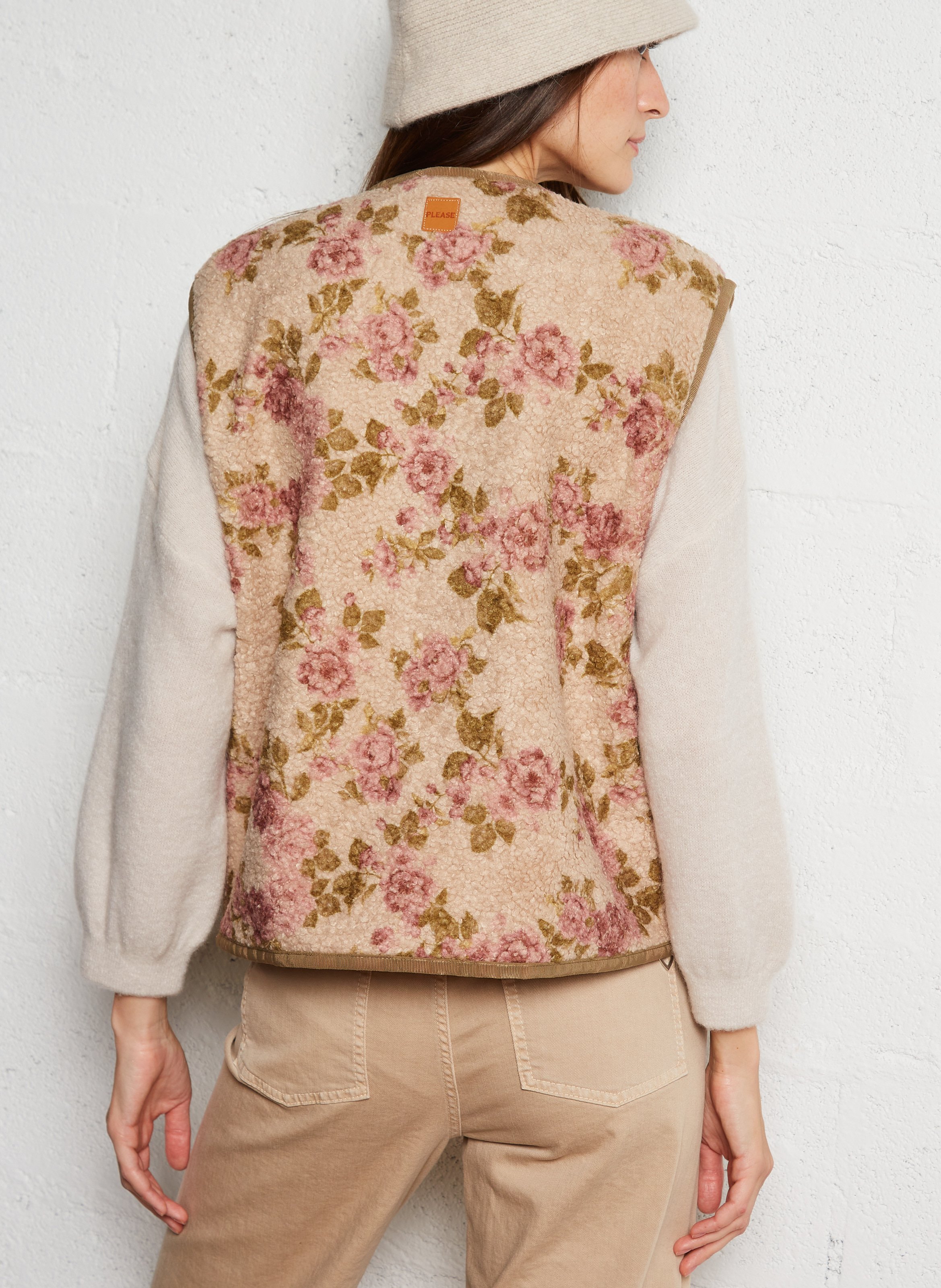 Oversized V-neck printed vest PLEASE Beige