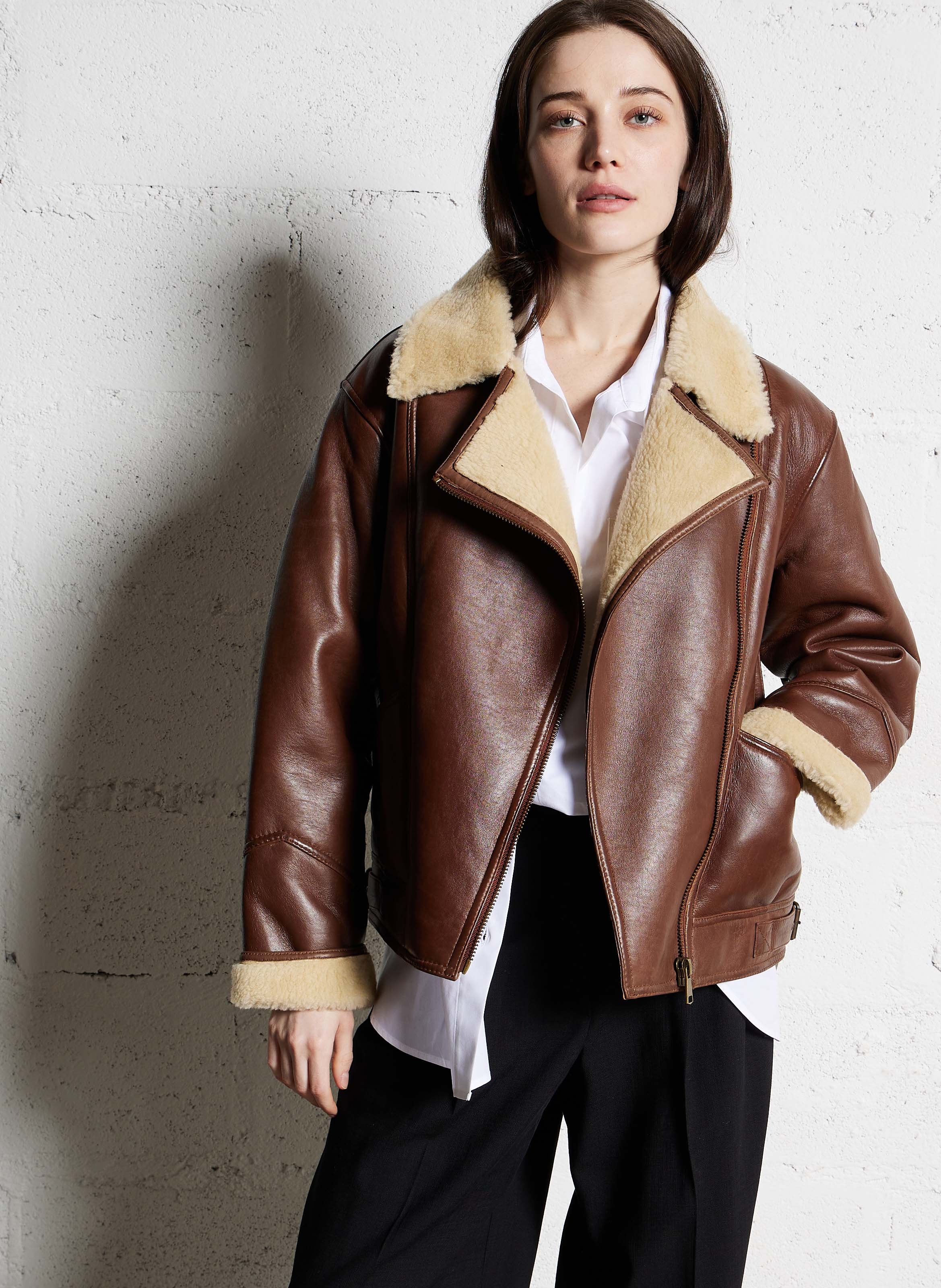 Veste droite en cuir MAISON 123 Marron