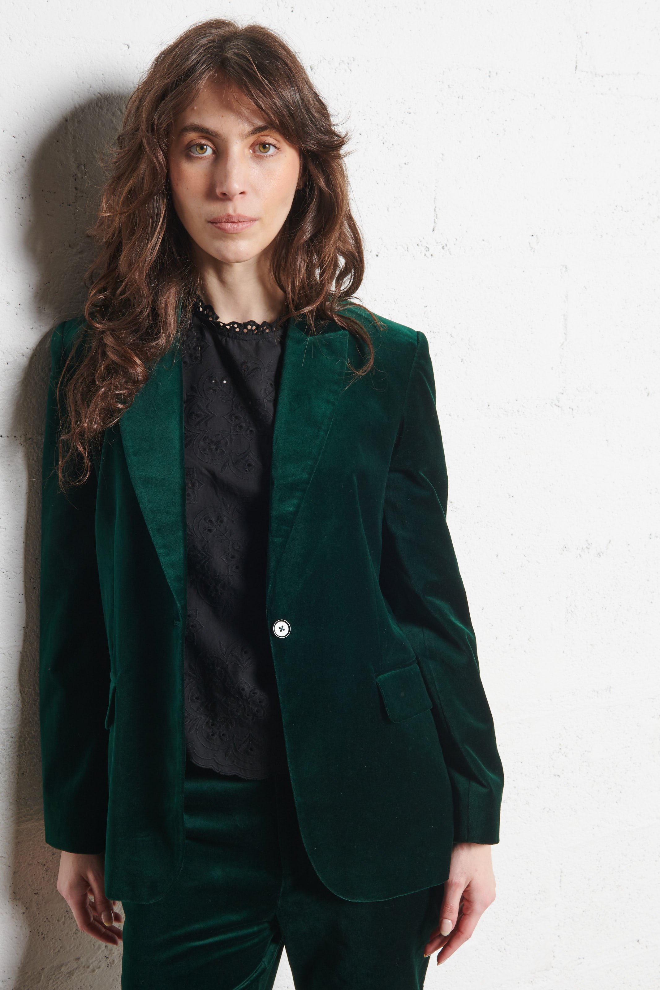 Straight blazer with tailored collar in cotton velvet BERENICE Green