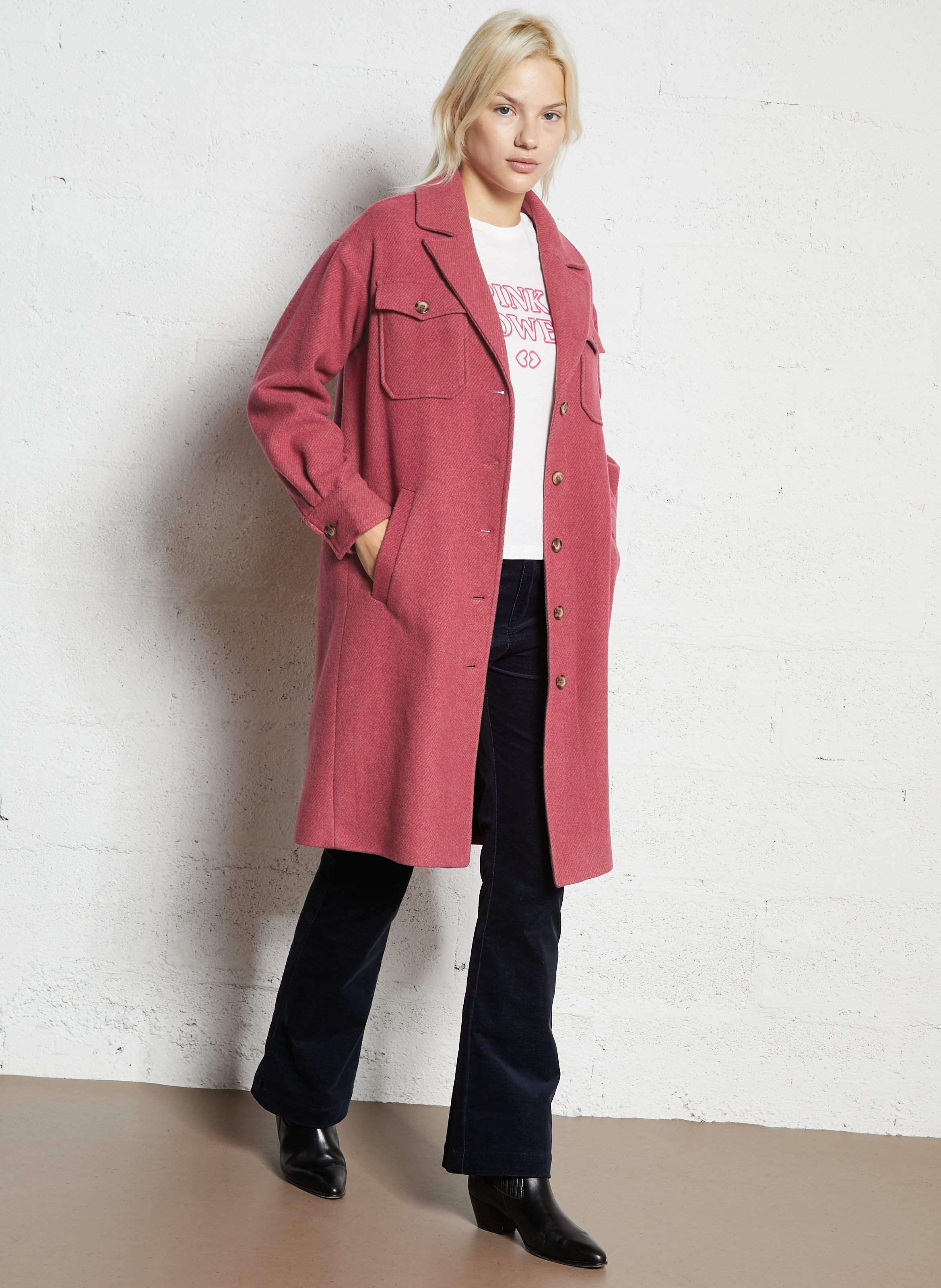 Striped straight coat in blended wool I CODE Pink