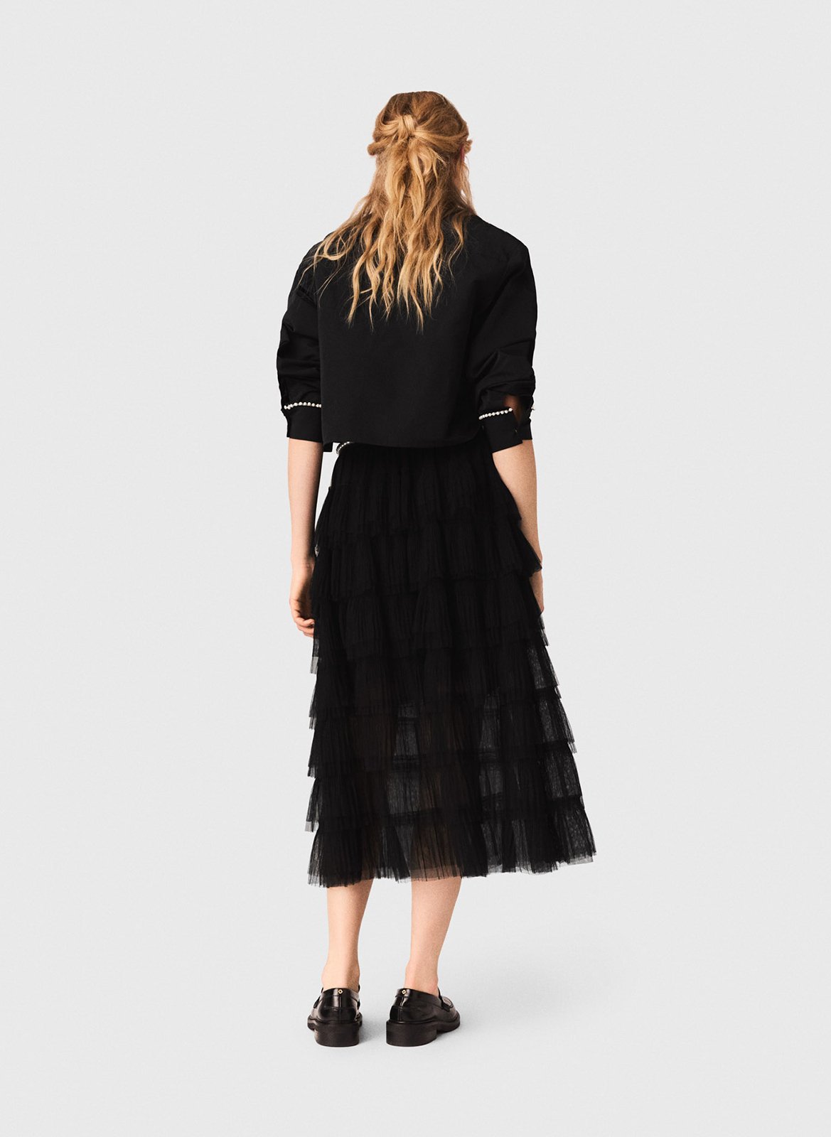 Jupe midi à volants en tulle MAJE Noir