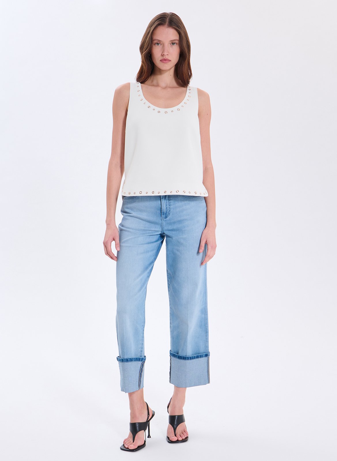 Gerade geschnittene, ärmellose Bluse aus Viskose-Mix ZAPA Weiss