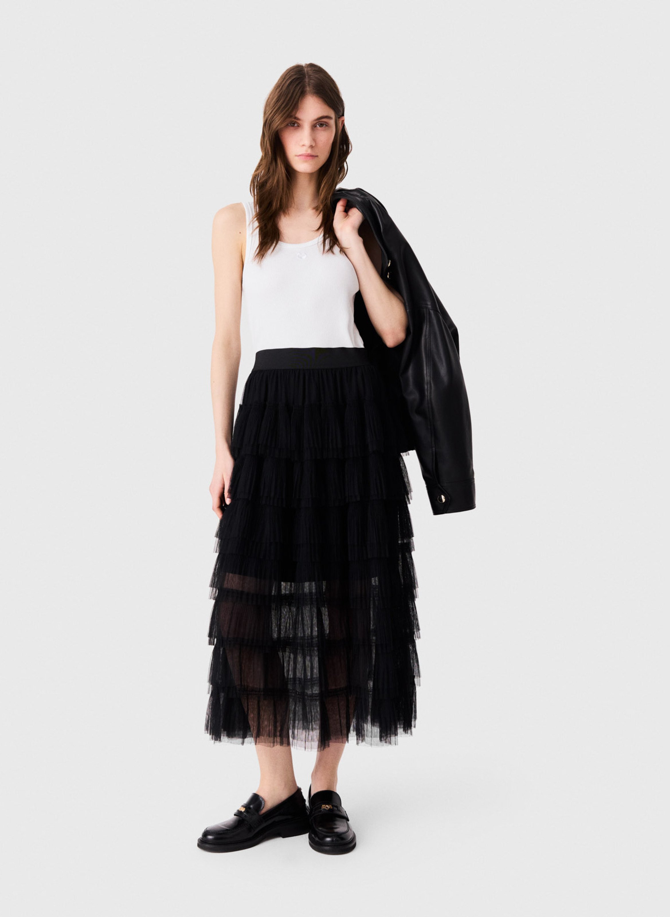 Jupe midi à volants en tulle MAJE Noir