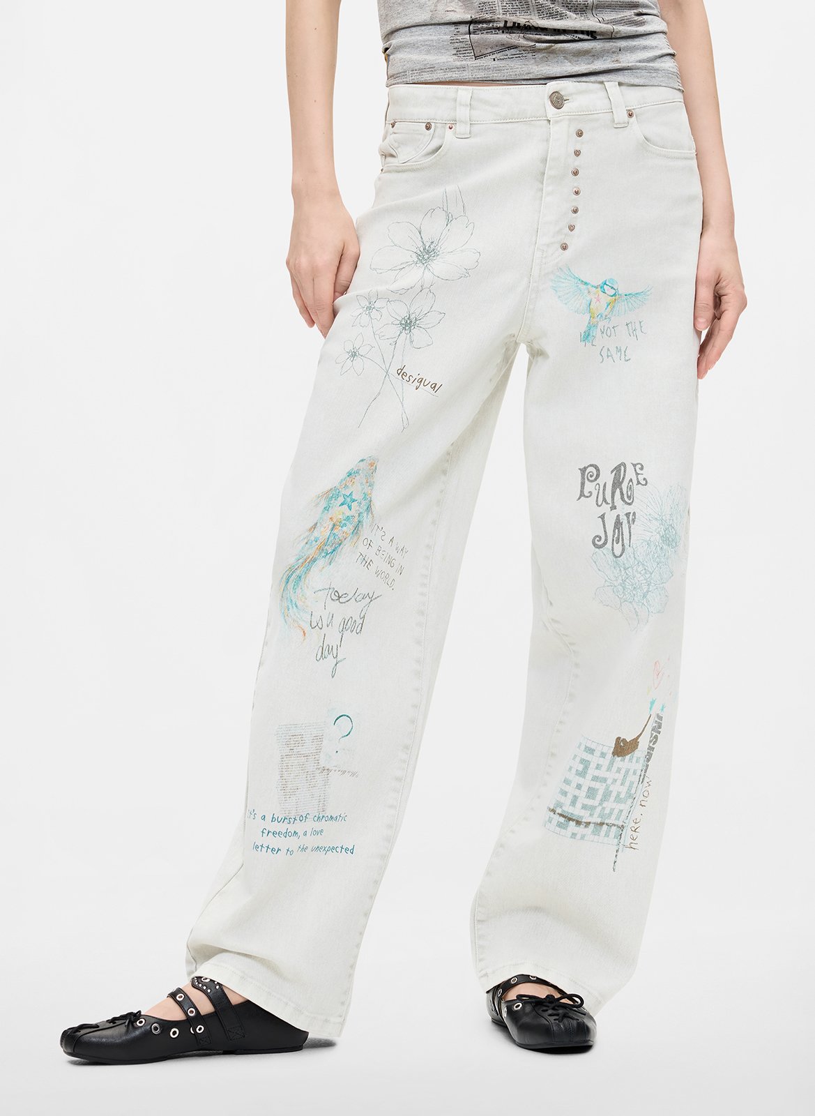 Jean large en coton mélangé imprimé DESIGUAL Blanc