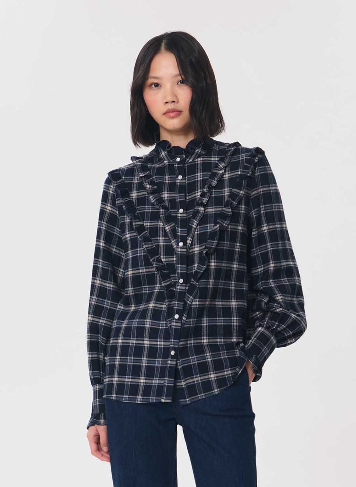 Chemise droite à carreaux en coton mélangé TARA JARMON Bleu