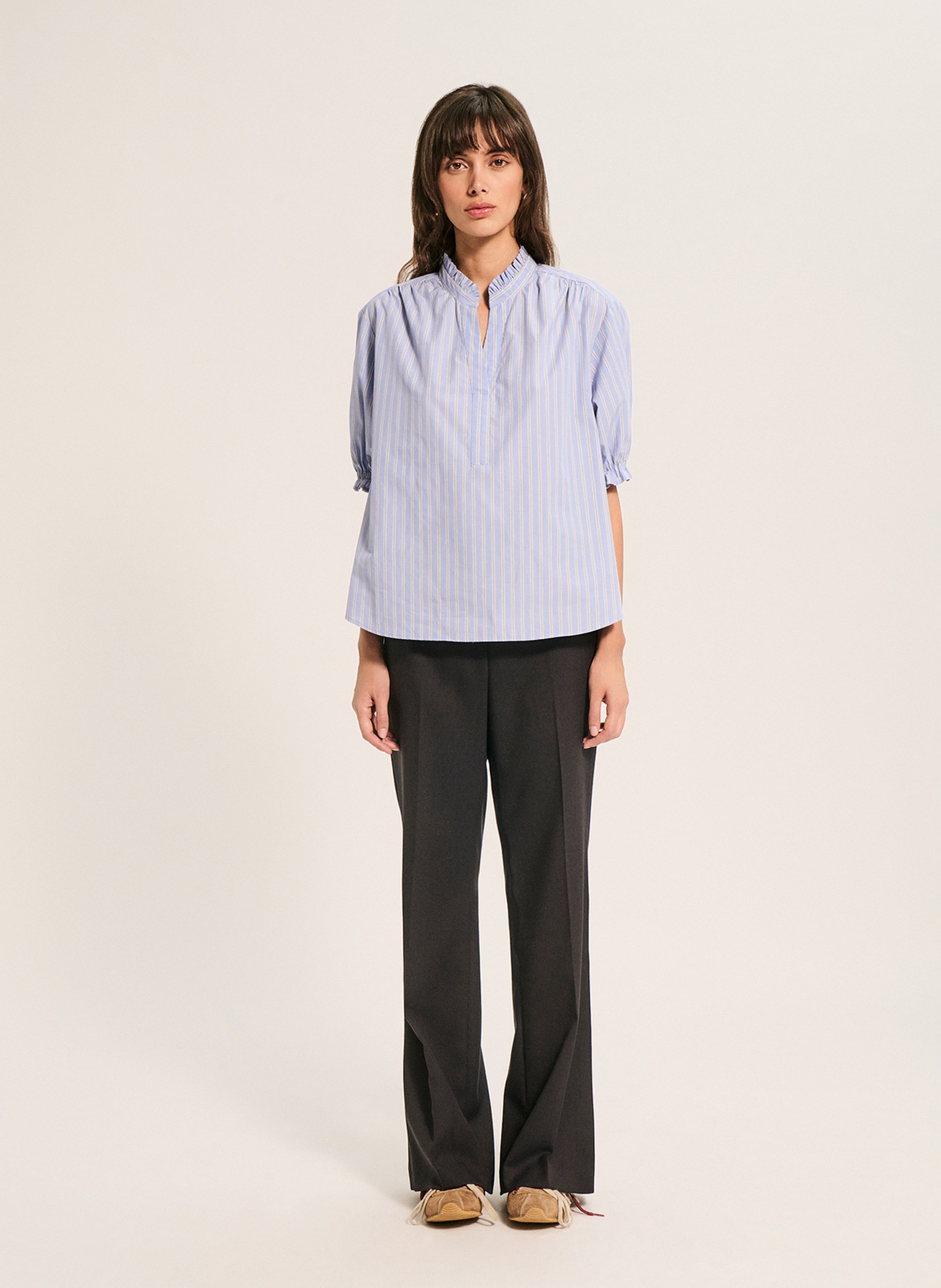 Blouse col tunisien rayée PABLO Bleu