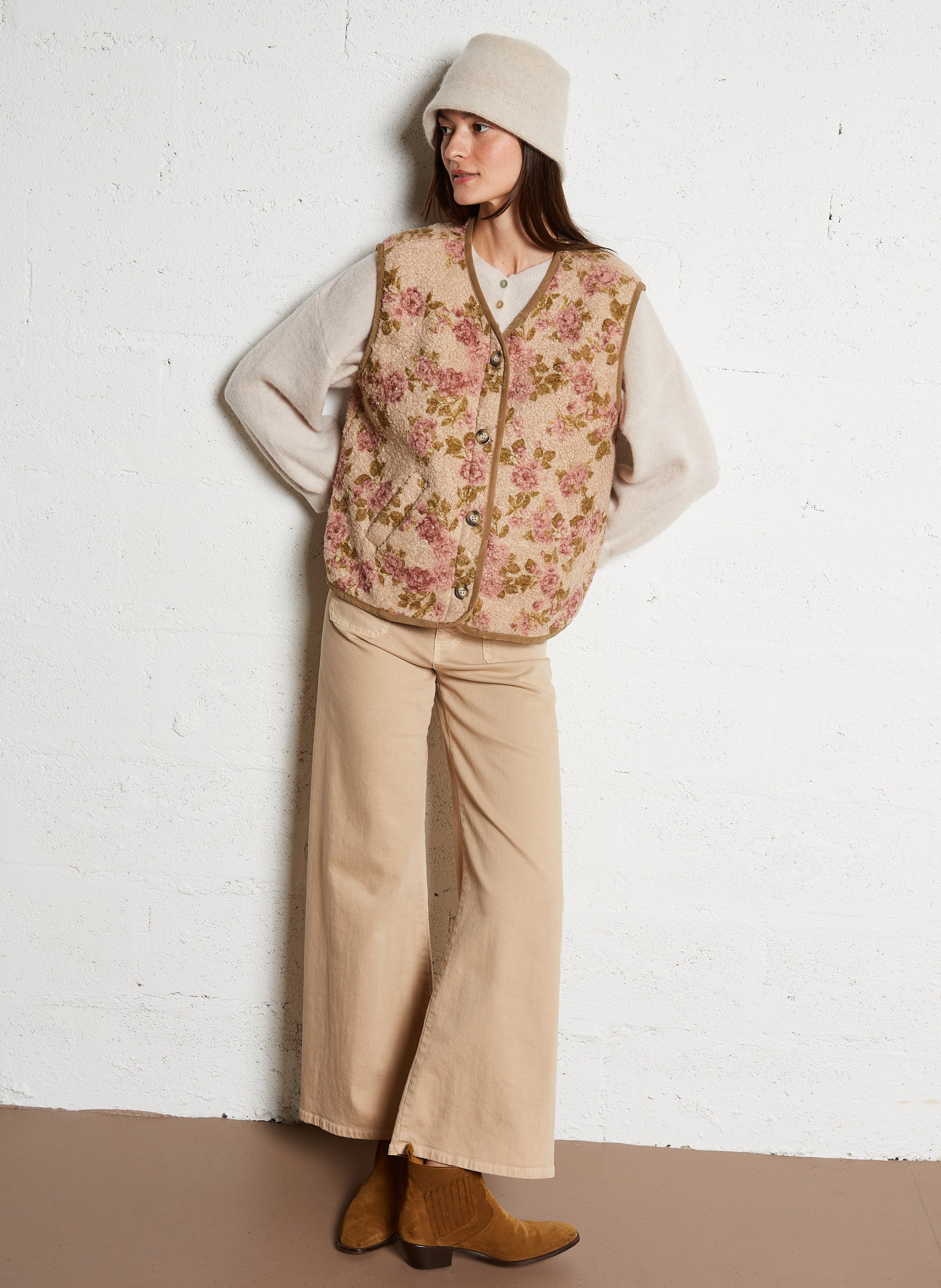 Oversized V-neck printed vest PLEASE Beige