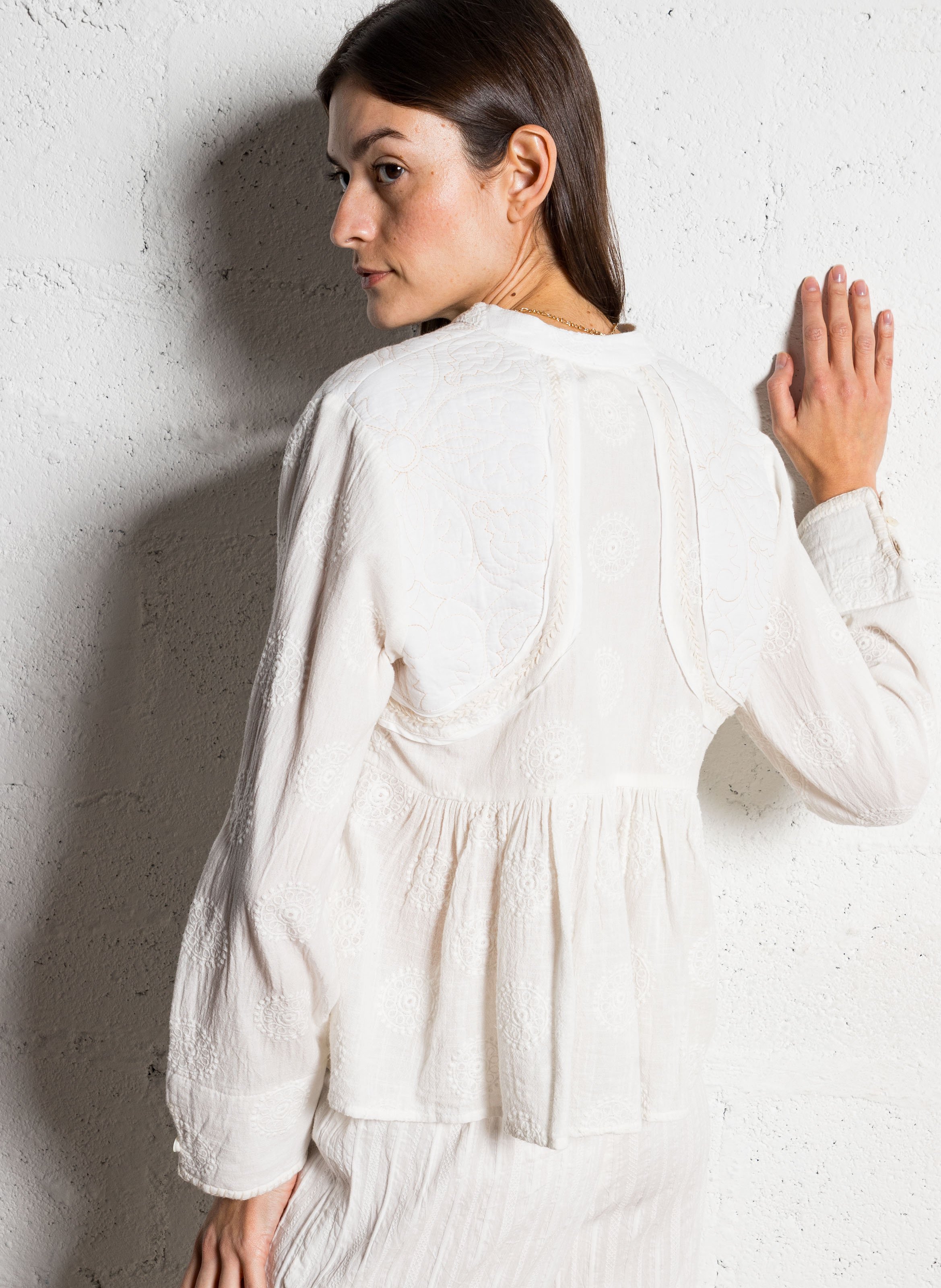 Ruffled and embroidered cotton blouse MAISON HOTEL Beige