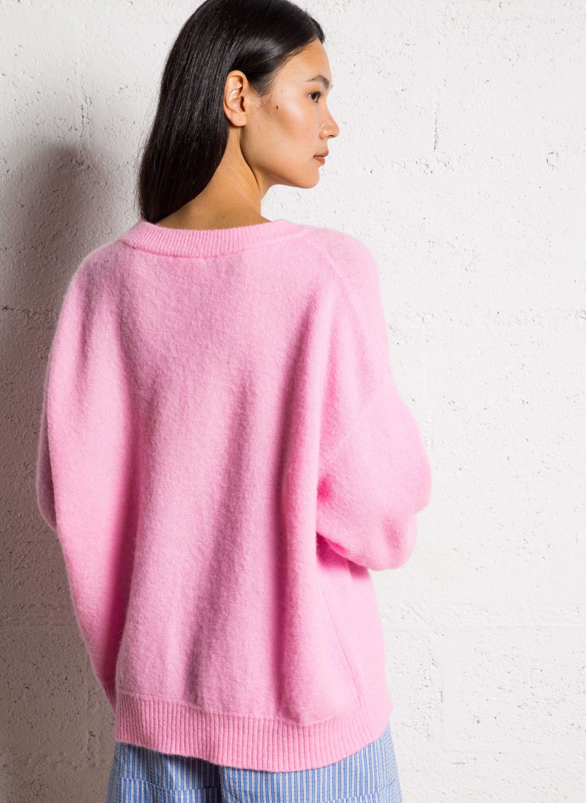 Pull ample col rond en laine mélangée Rose